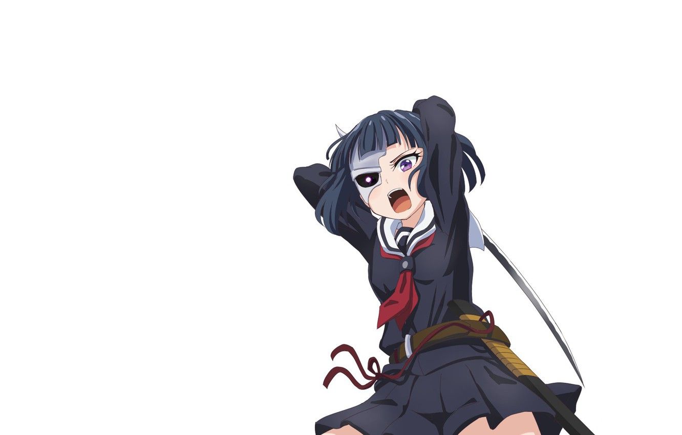 Wallpaper sword, katana, ken, blade, mask, martial artist, angry, japanese, bishojo, seifuku, horn, Armed Girl's Machiavellism, Busou Shoujo Machiavellianism, Rin Onigawara image for desktop, section сёнэн