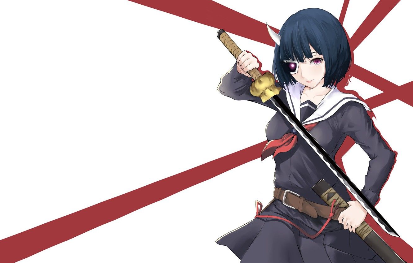 Wallpaper sword, purple eyes, katana, ken, blade, mask, martial artist, bishojo, seifuku, horn, Armed Girl's Machiavellism, Busou Shoujo Machiavellianism, Rin Onigawara image for desktop, section сёнэн