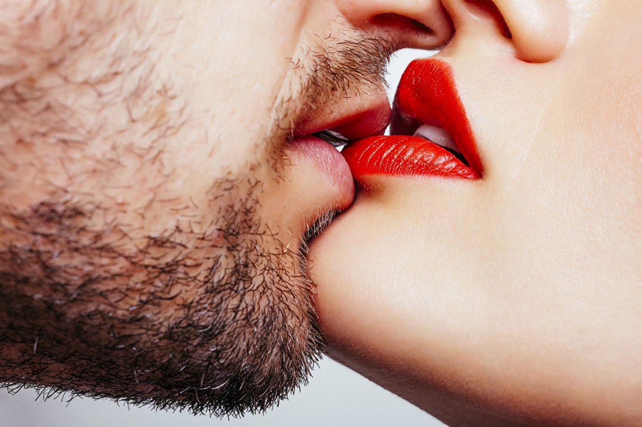 image Men Kiss Beard Lips Closeup Red lips