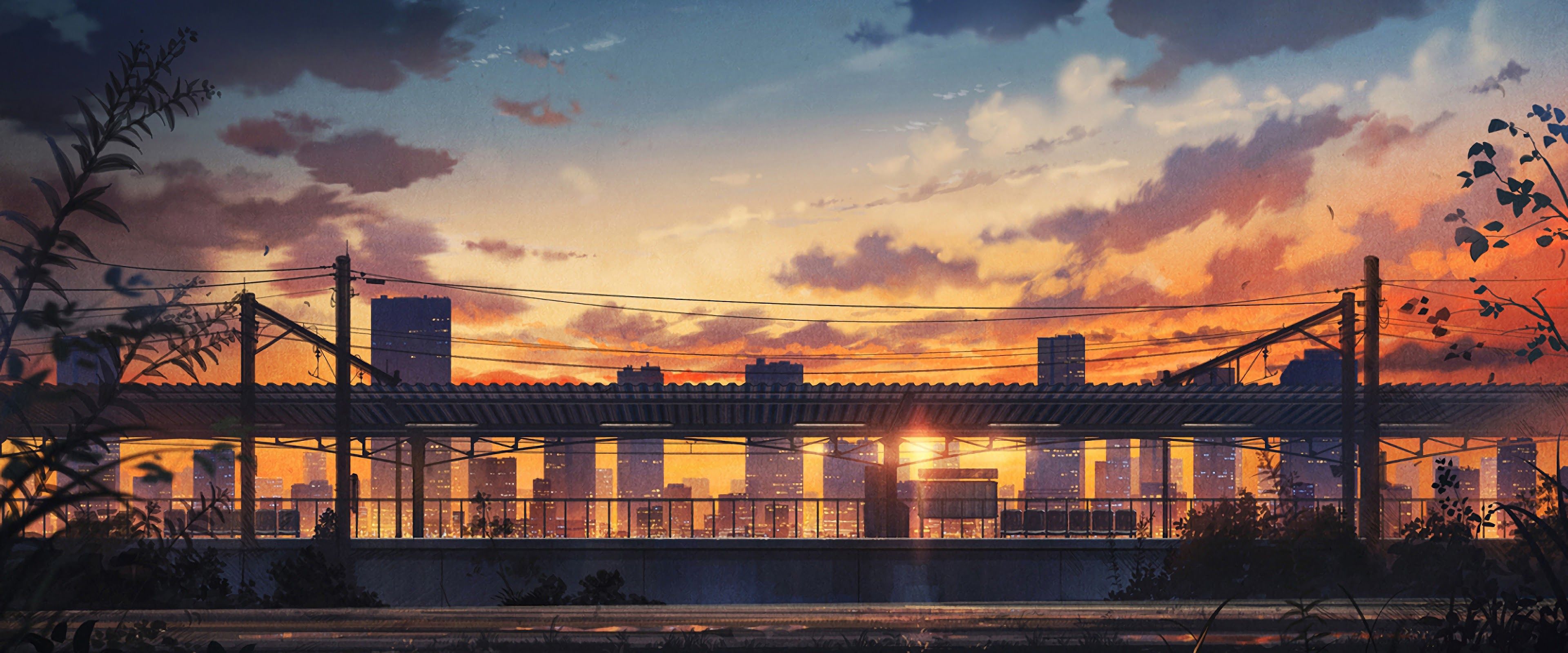 Sunset City Scenery Anime 4K Wallpaper