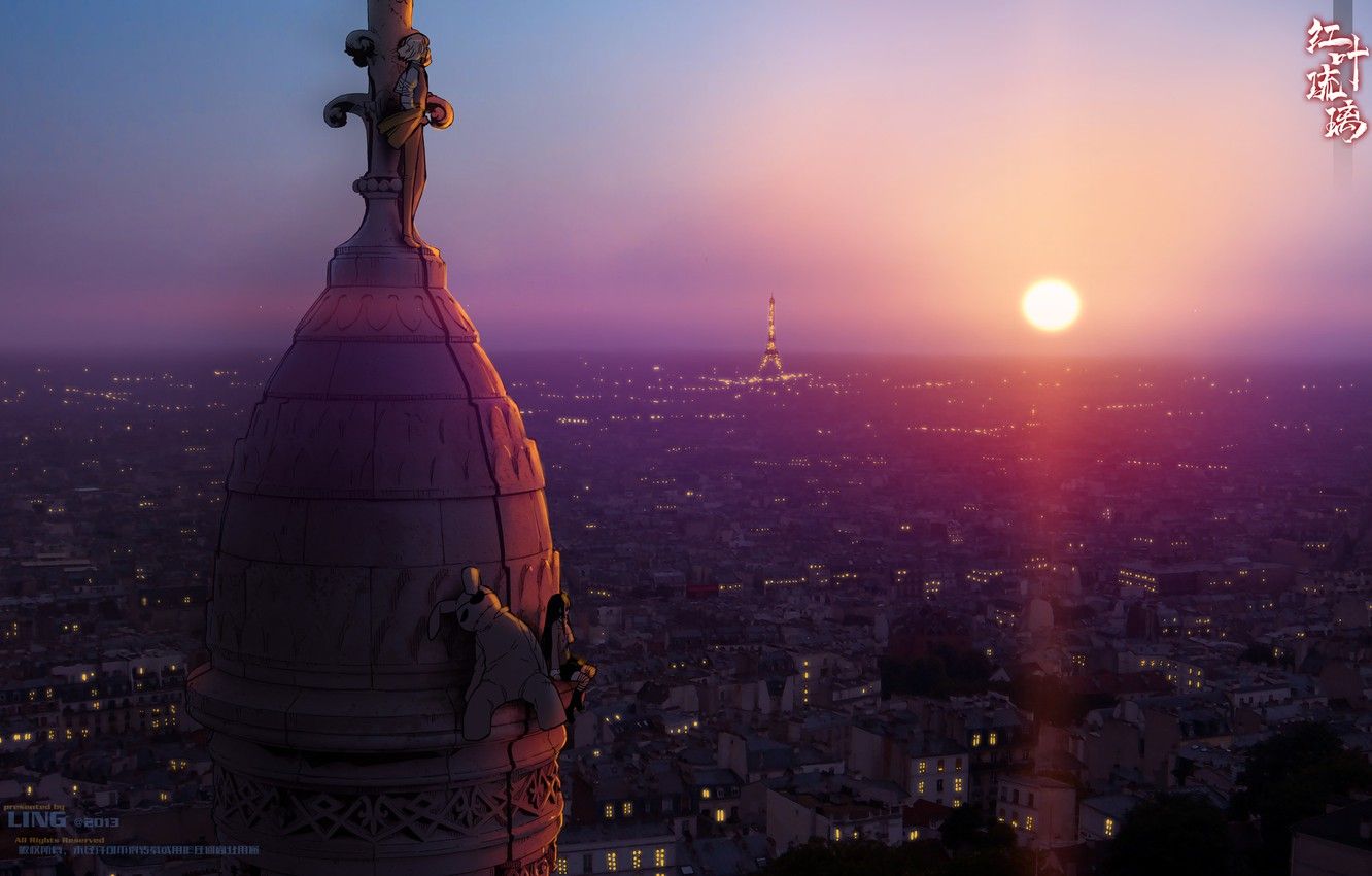 Wallpaper girl, the sun, sunset, the city, lights, Eiffel tower