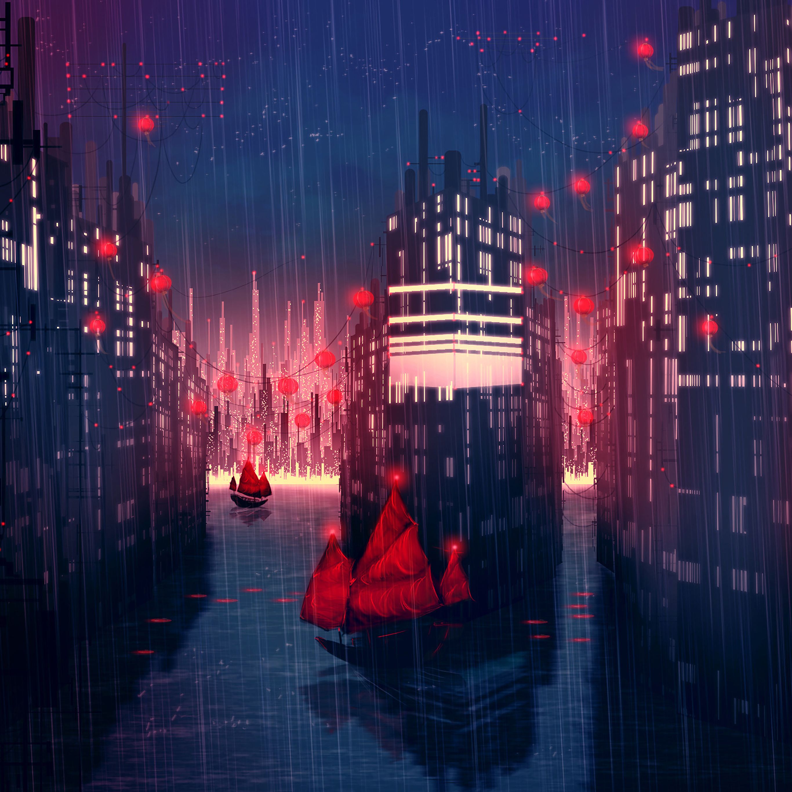 Rainy Anime City Art Illust Wallpaper