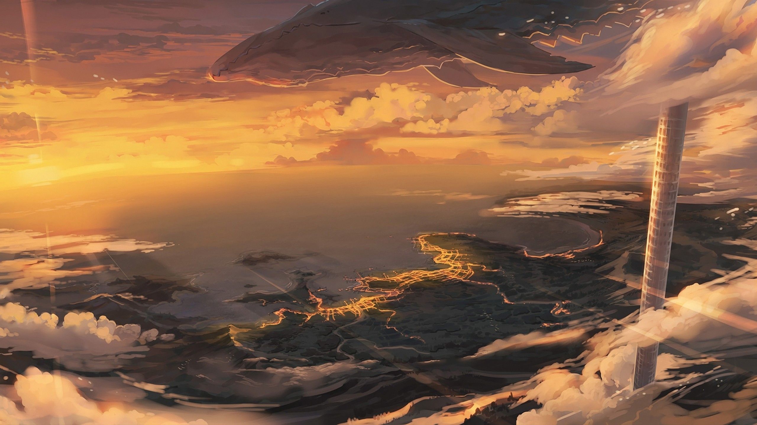 Download 2560x1440 Anime Landscape, Creature, Horizon, Sunset