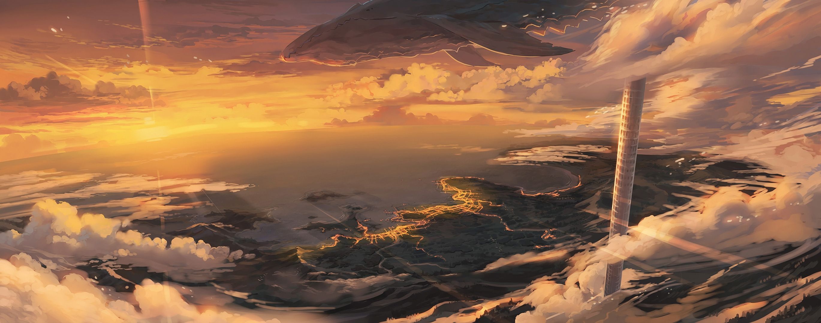 Download 2739x1080 Anime Landscape, Creature, Horizon, Sunset