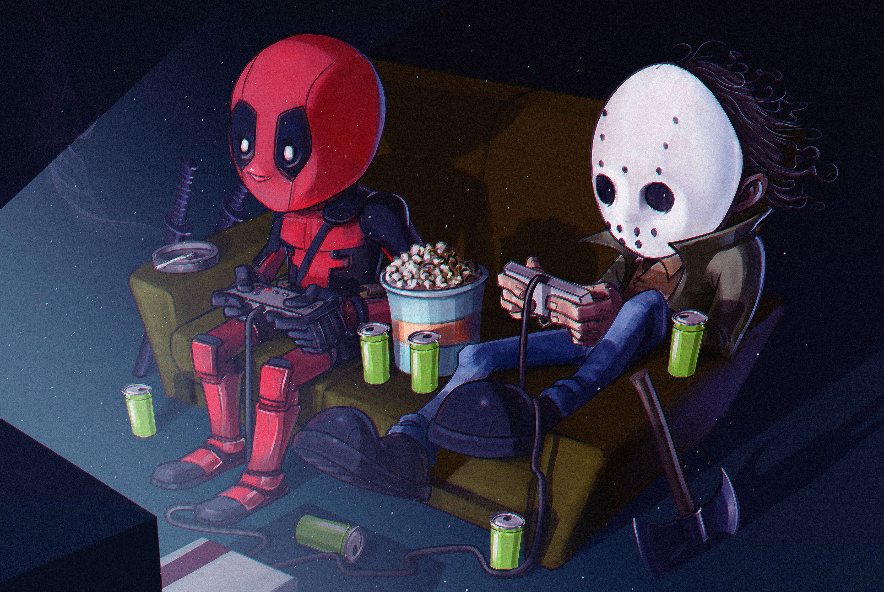 Deadpool And His Friend Playing Video Games, HD Superheroes, 4k
