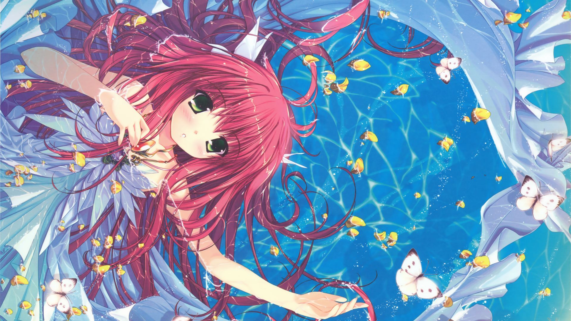 Wallpaper anime, girl, beauty, water, butterfly, 4k, Art