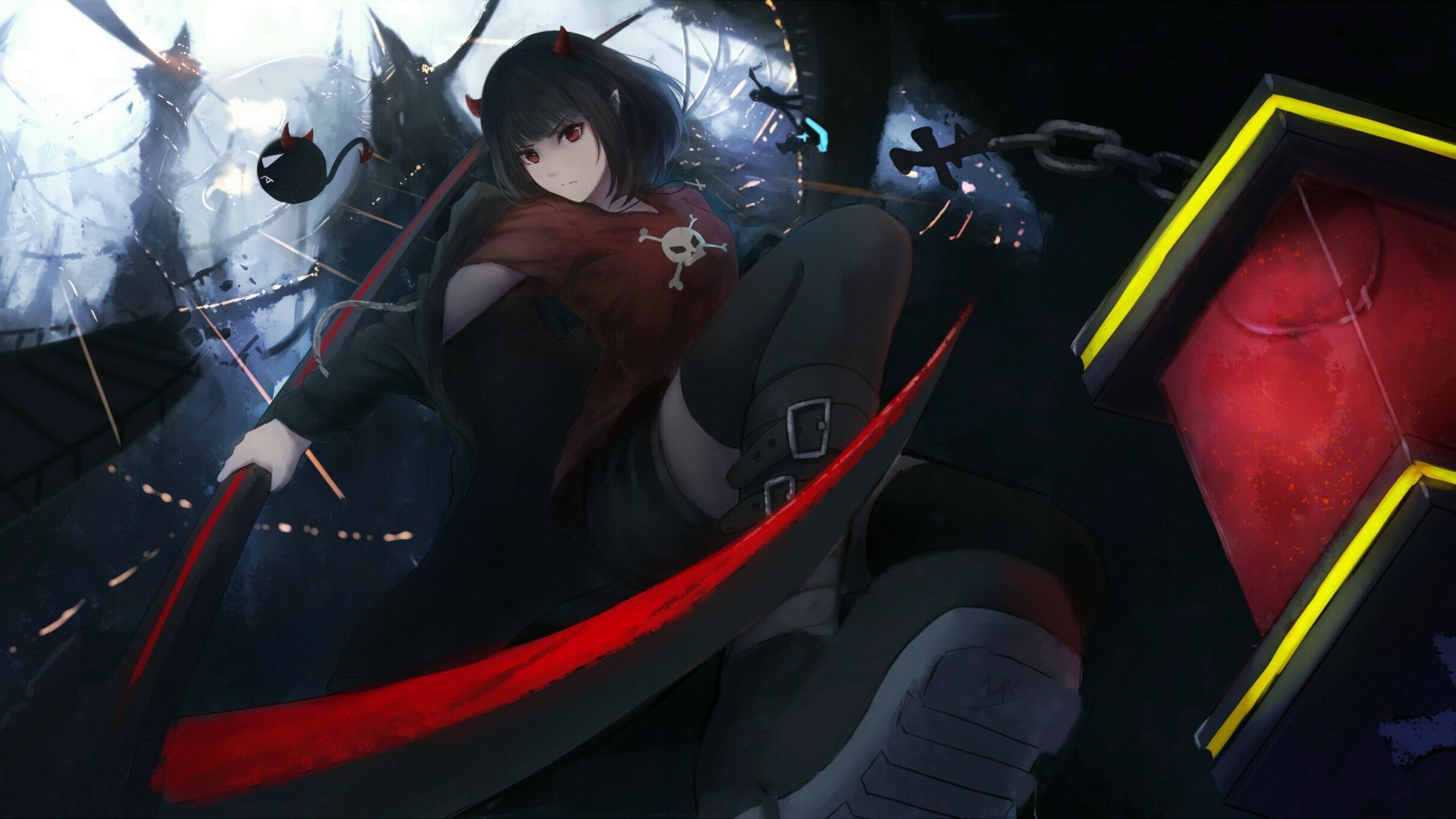 Download 1920x1080 wallpaper anime girl, fight, dark, full HD