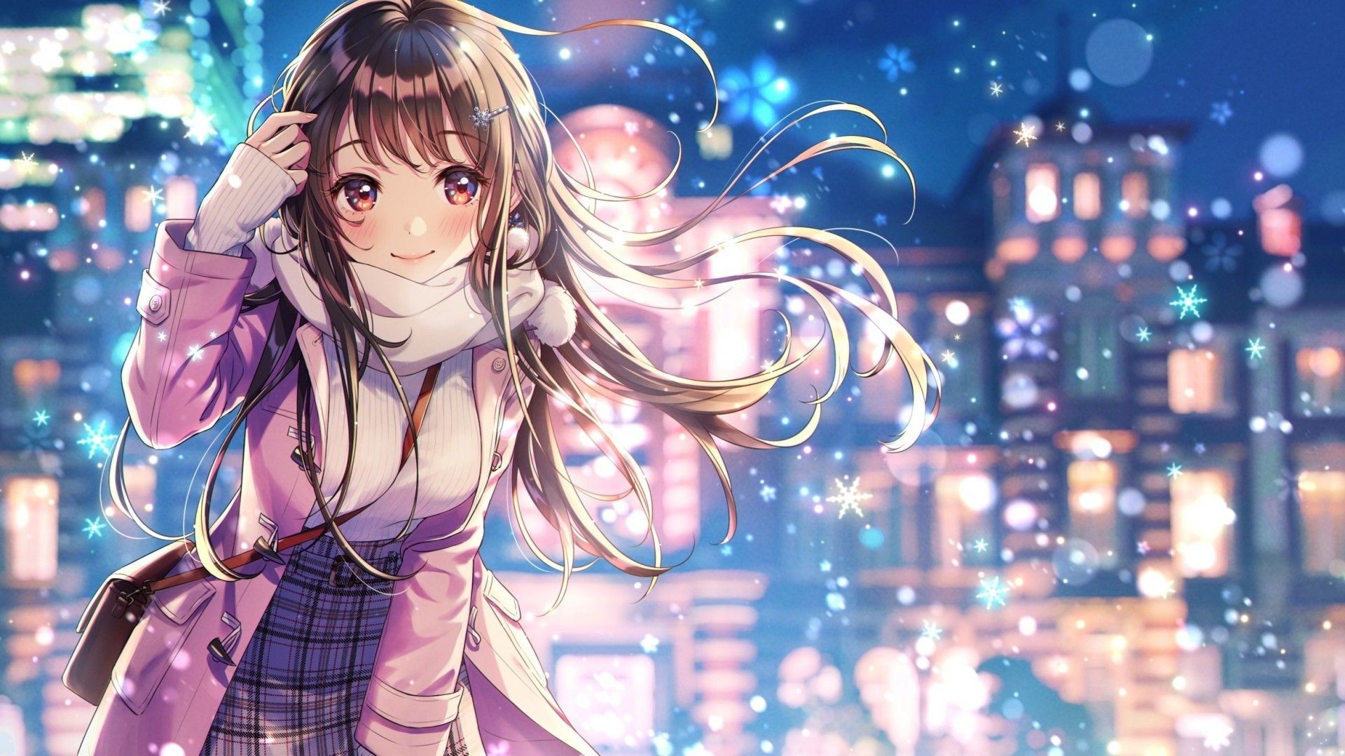Download 1920x1080 Beautiful Anime Girl, Coat, Smiling, Winter, Snowflakes, Buildings Wallpaper for Widescreen