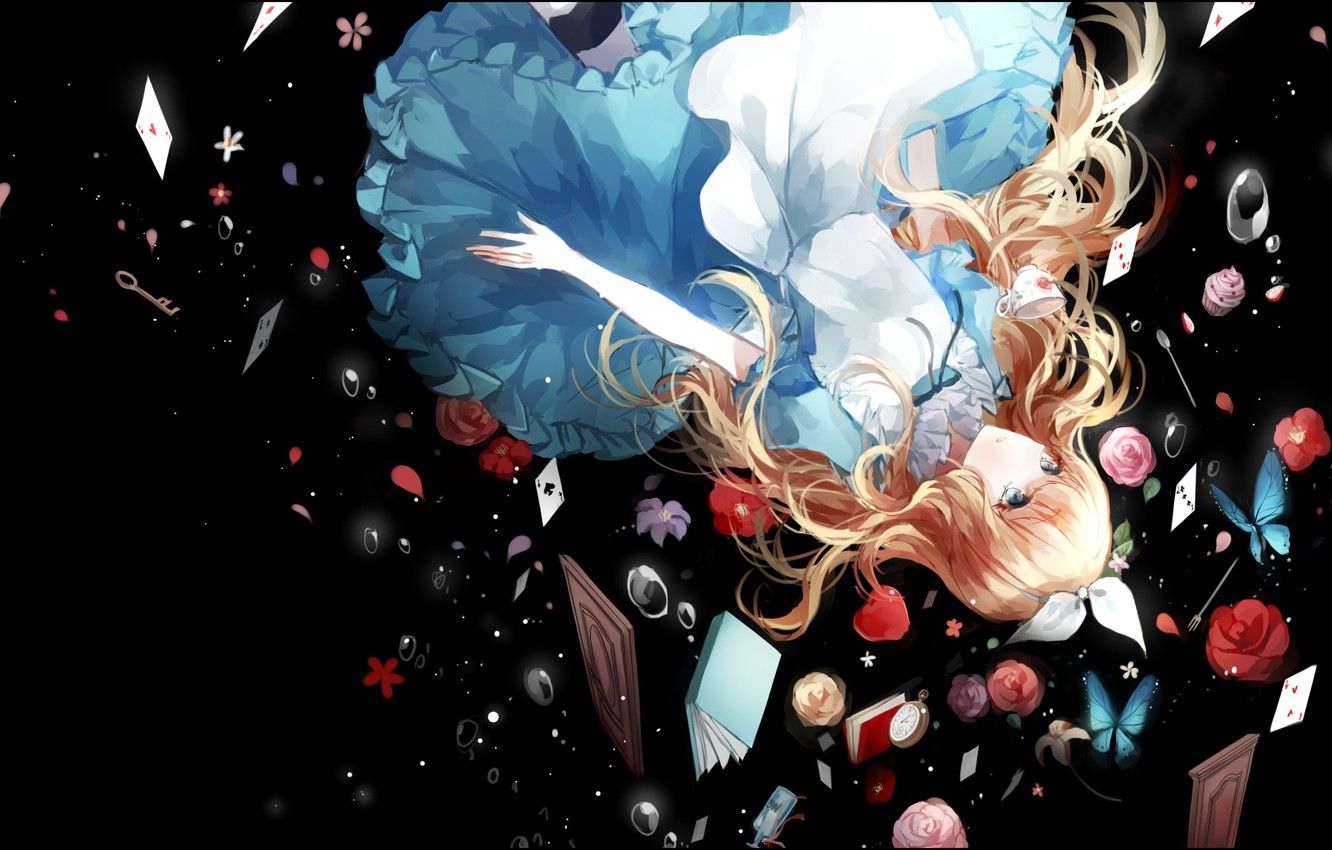 Wallpaper card, girl, flowers, roses, anime, drop, art, Alice