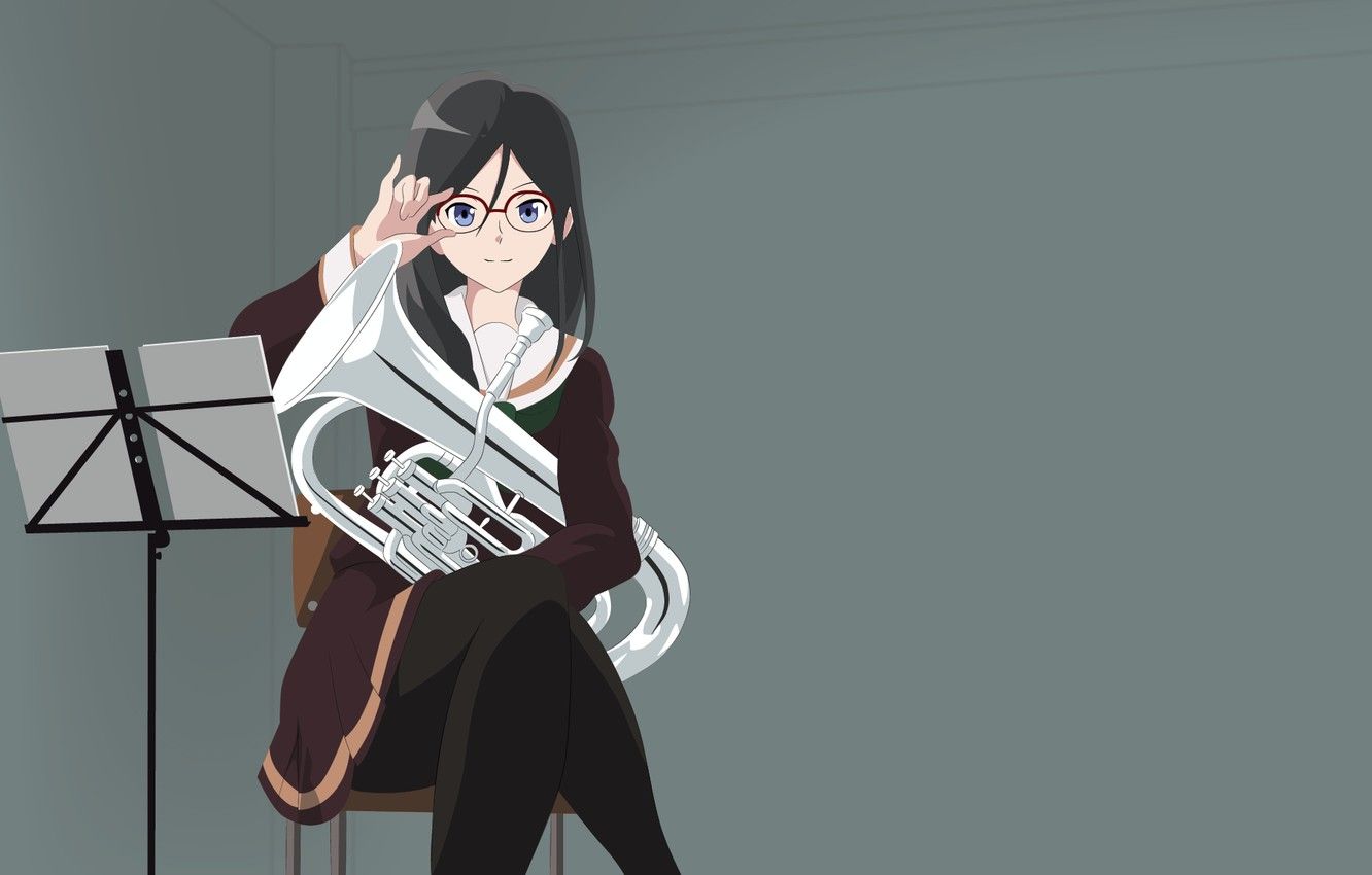 Wallpaper girl, music, pipe, grey background, Hibike! Euphonium