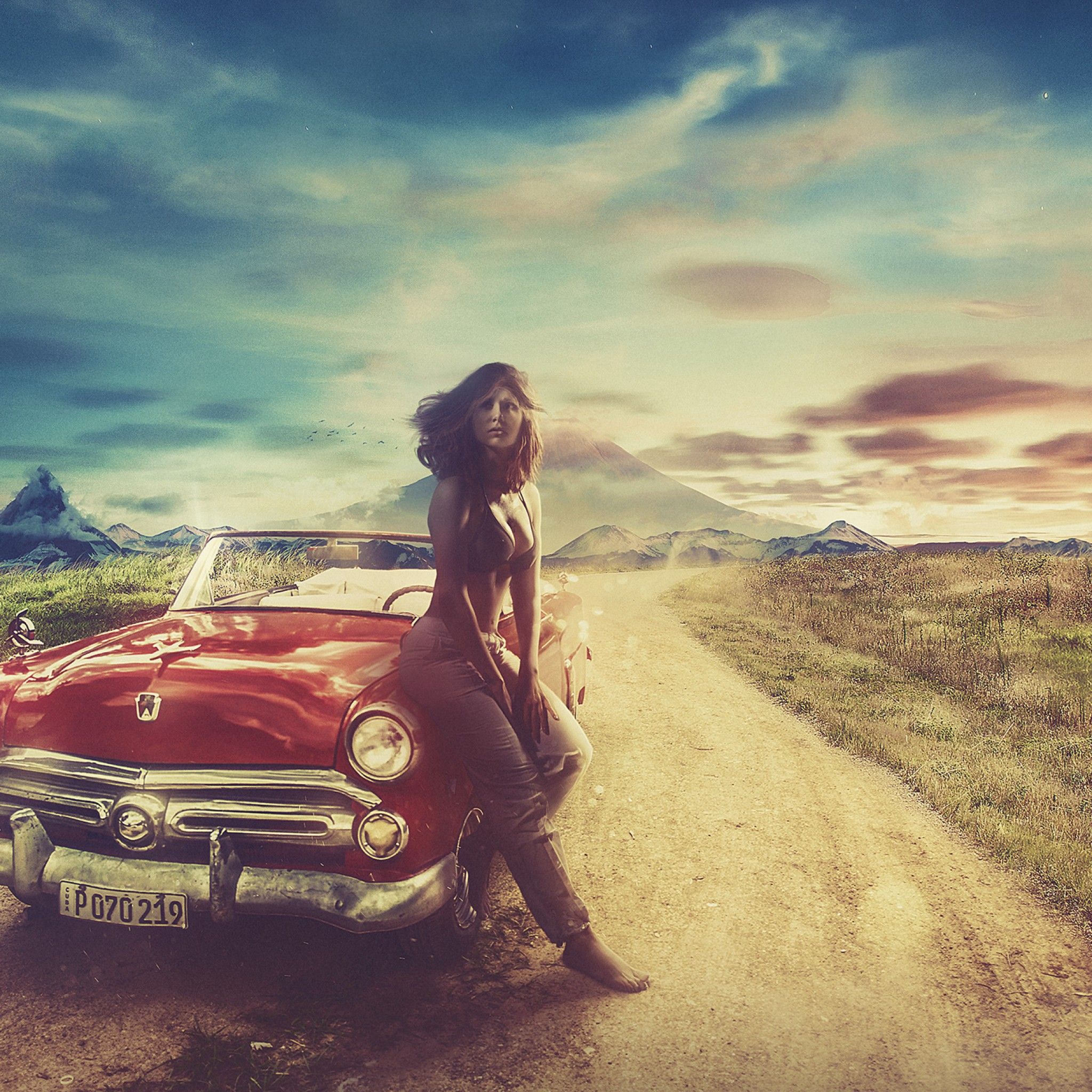 Wallpaper Hot girl, Vintage car, Landscape, Warm, HD, Fantasy