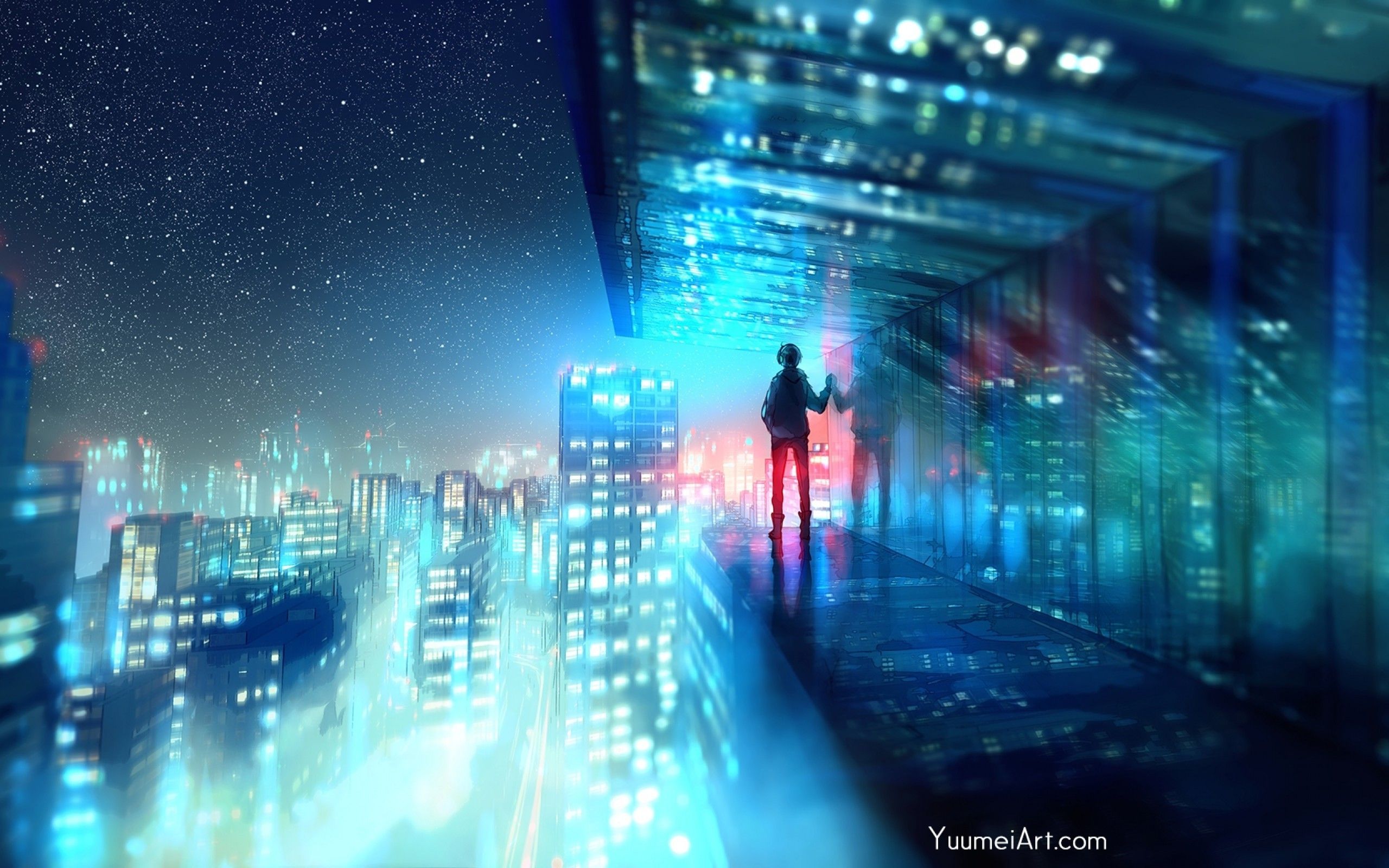 Download 2560x1600 Anime City, Night, Buildings, Cityscape, Boy