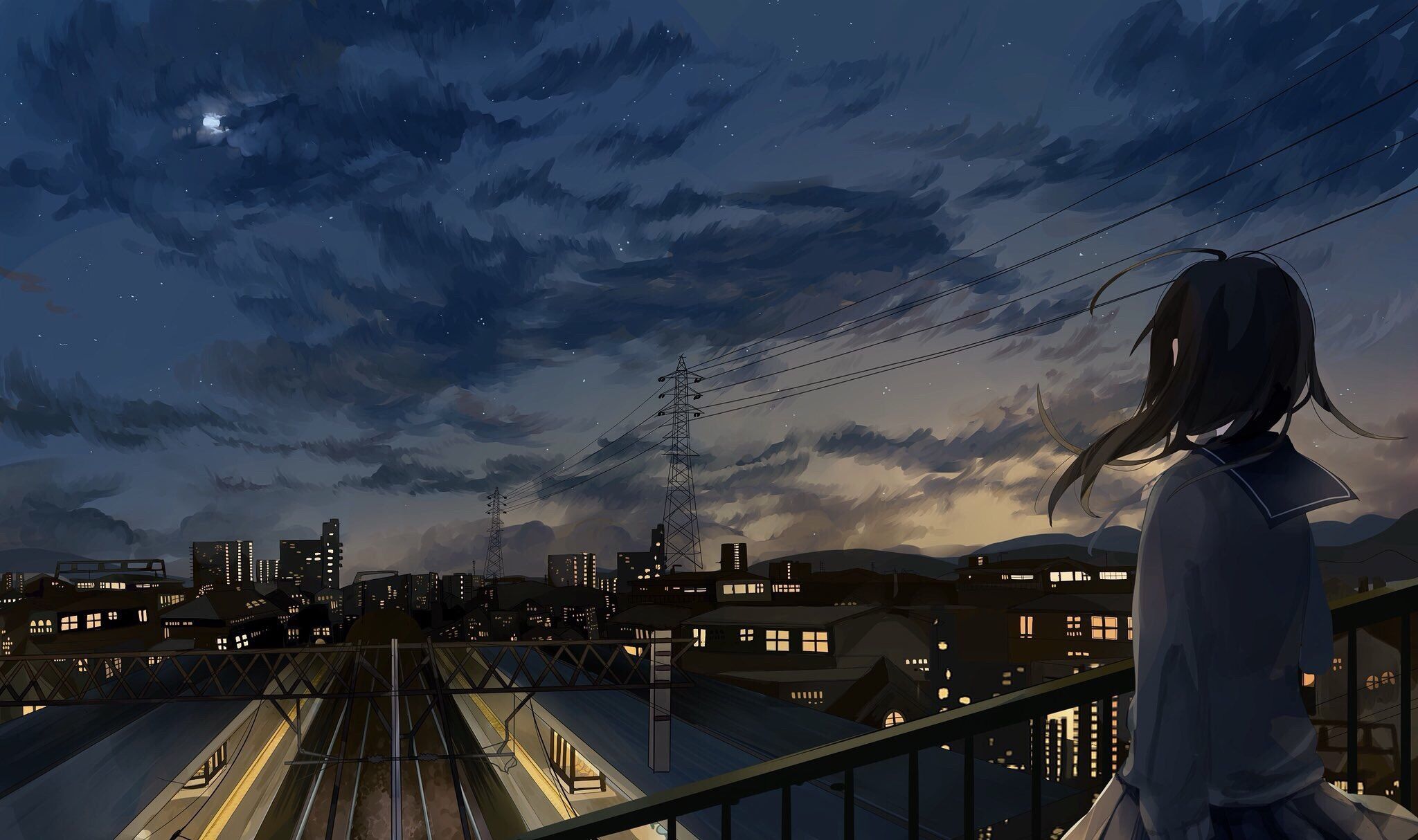 Download 2048x1214 Anime Girl, City, Night, Clouds, Back View
