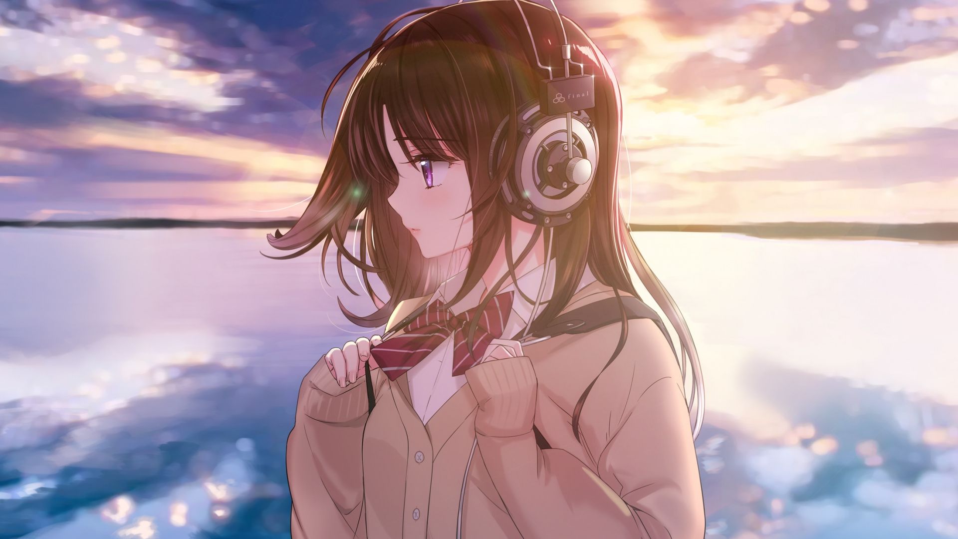 Download Anime girl, original, headphone, sunset, outdoor, art