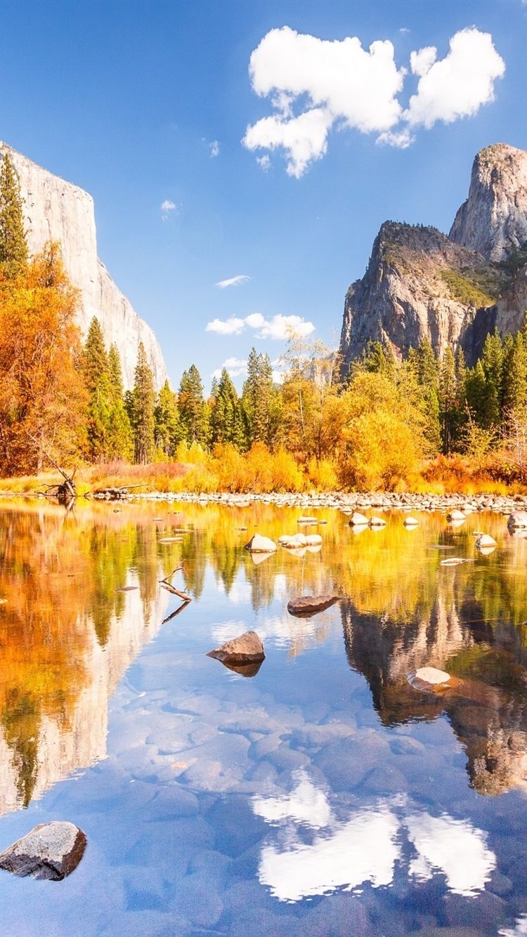 Yosemite National Park, Beautiful Autumn, Mountains, Lake, Stones, Trees 750x1334 IPhone 8 7 6 6S Wallpaper, Background, Picture, Image