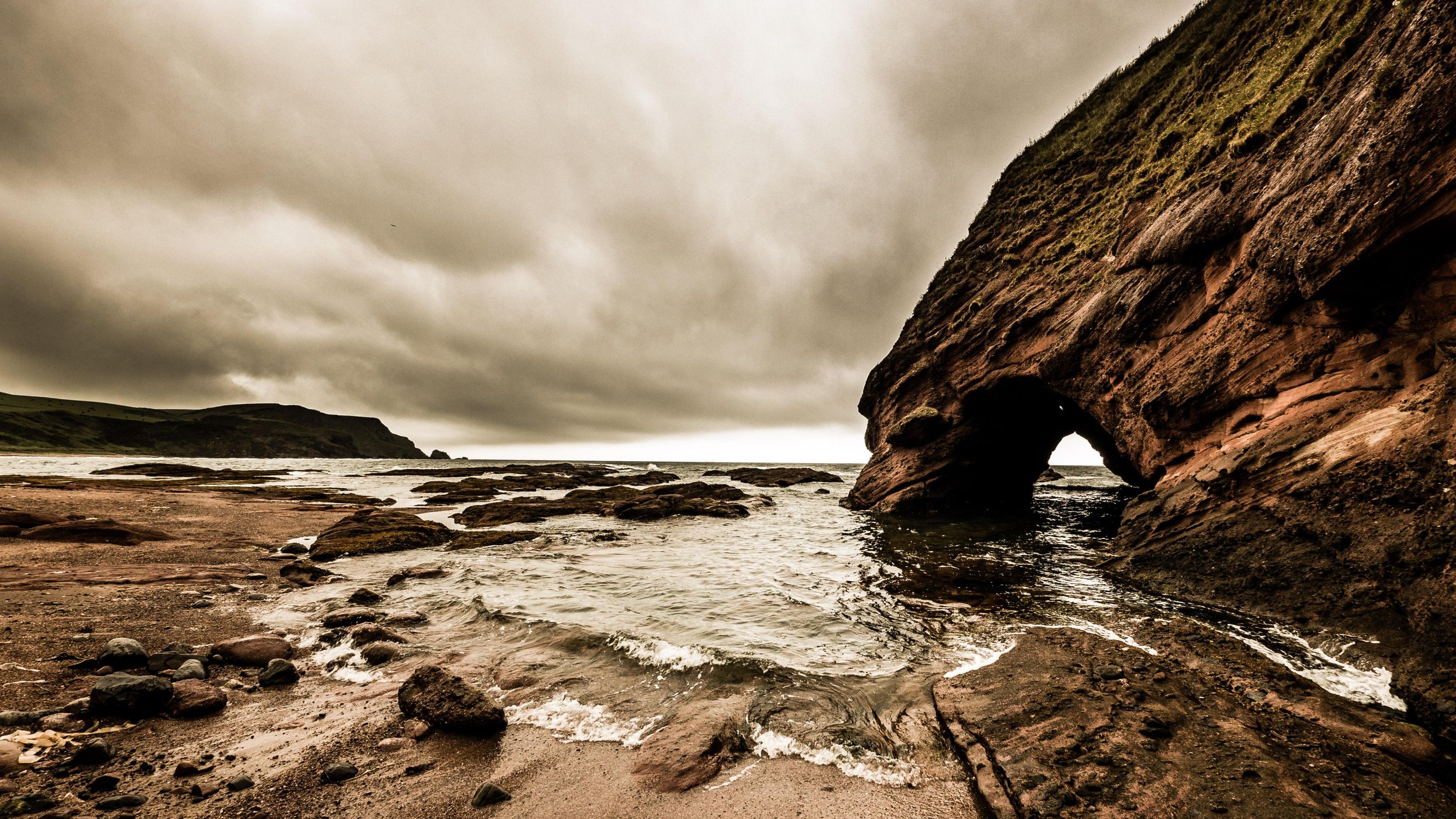 wallpaper rock, cliff, sea, waves, beach HD, Widescreen, High