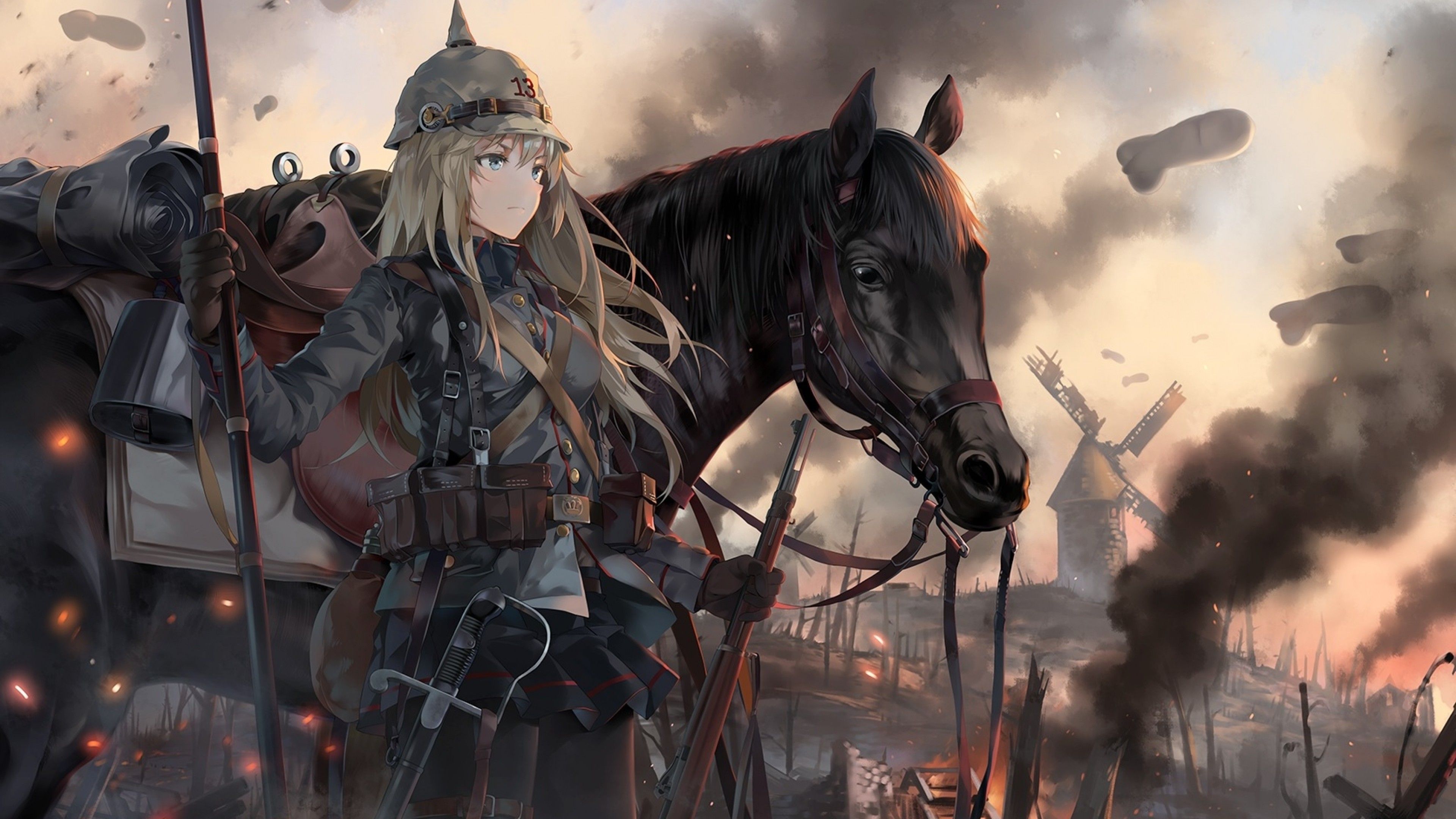 Download 3840x2160 Anime Girl, War, Horse, Military Uniform, Spear