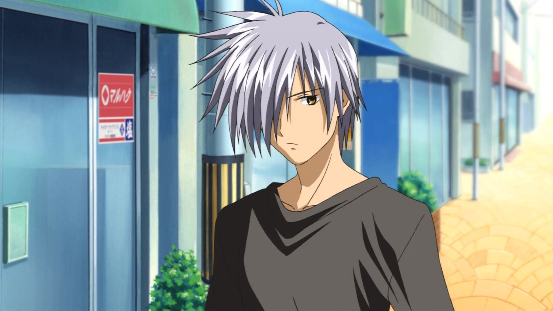 anime guy with silver hair and blue eyes