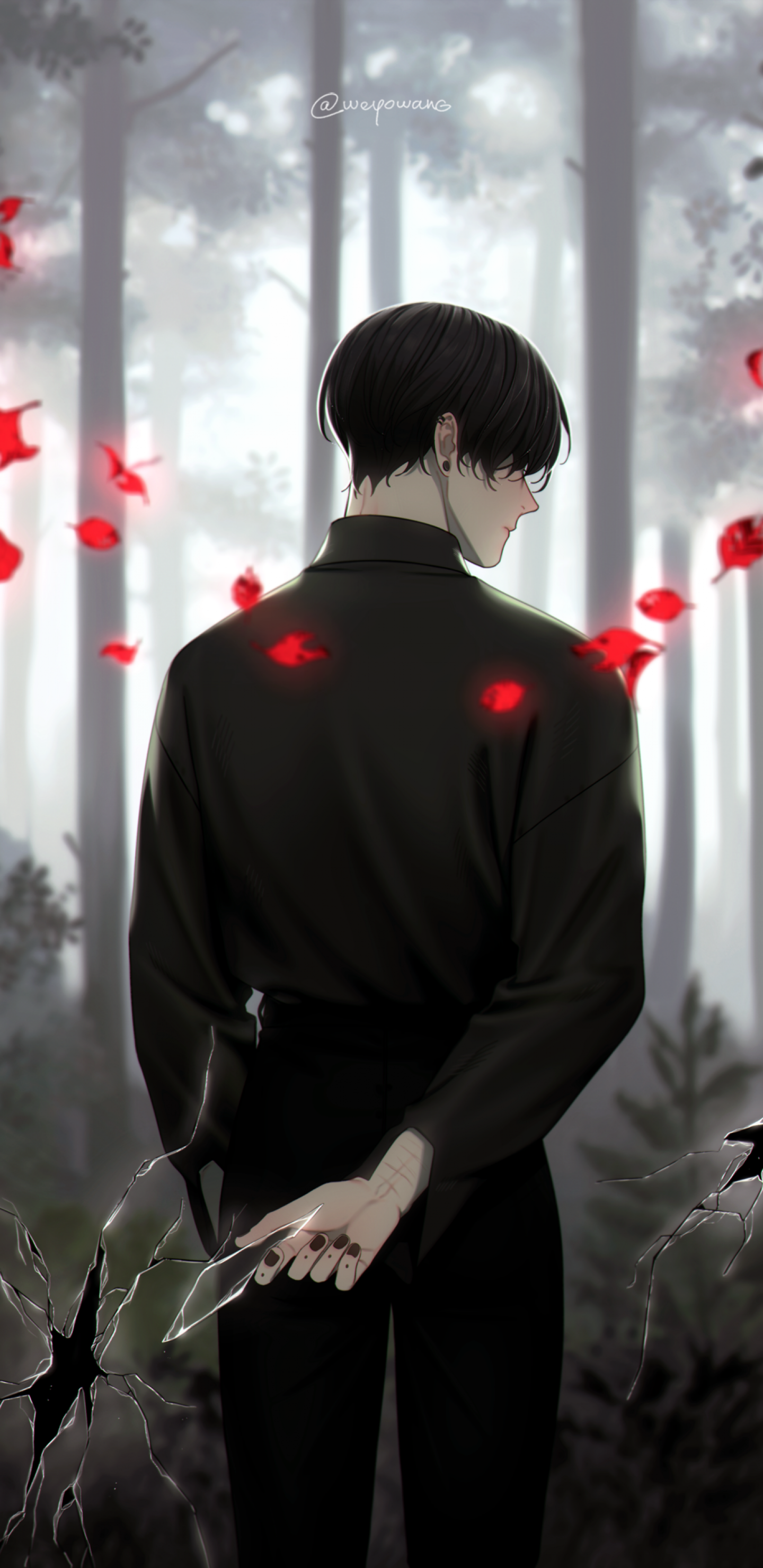 Download 1440x2960 Anime Man, Back View, Shattered Glass, Earring