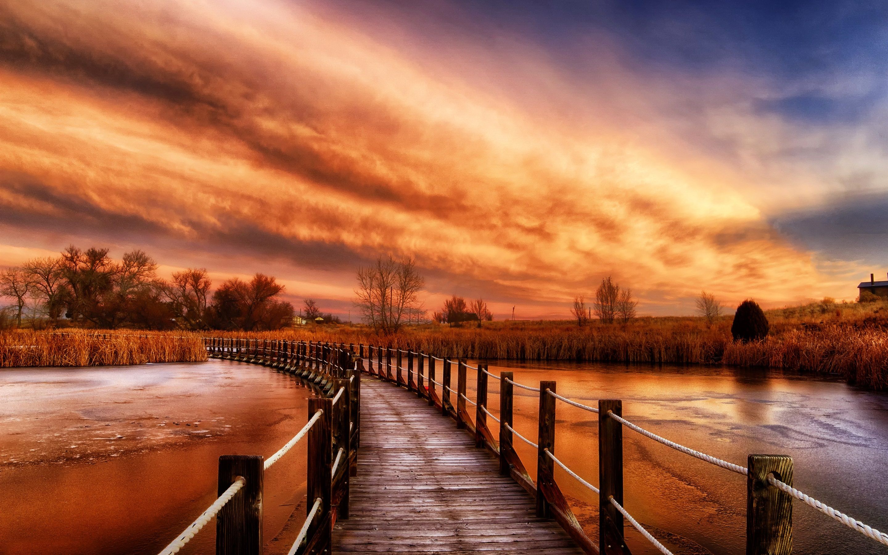 Wallpaper Wooden bridge, river, grass, nature sunset, clouds, red