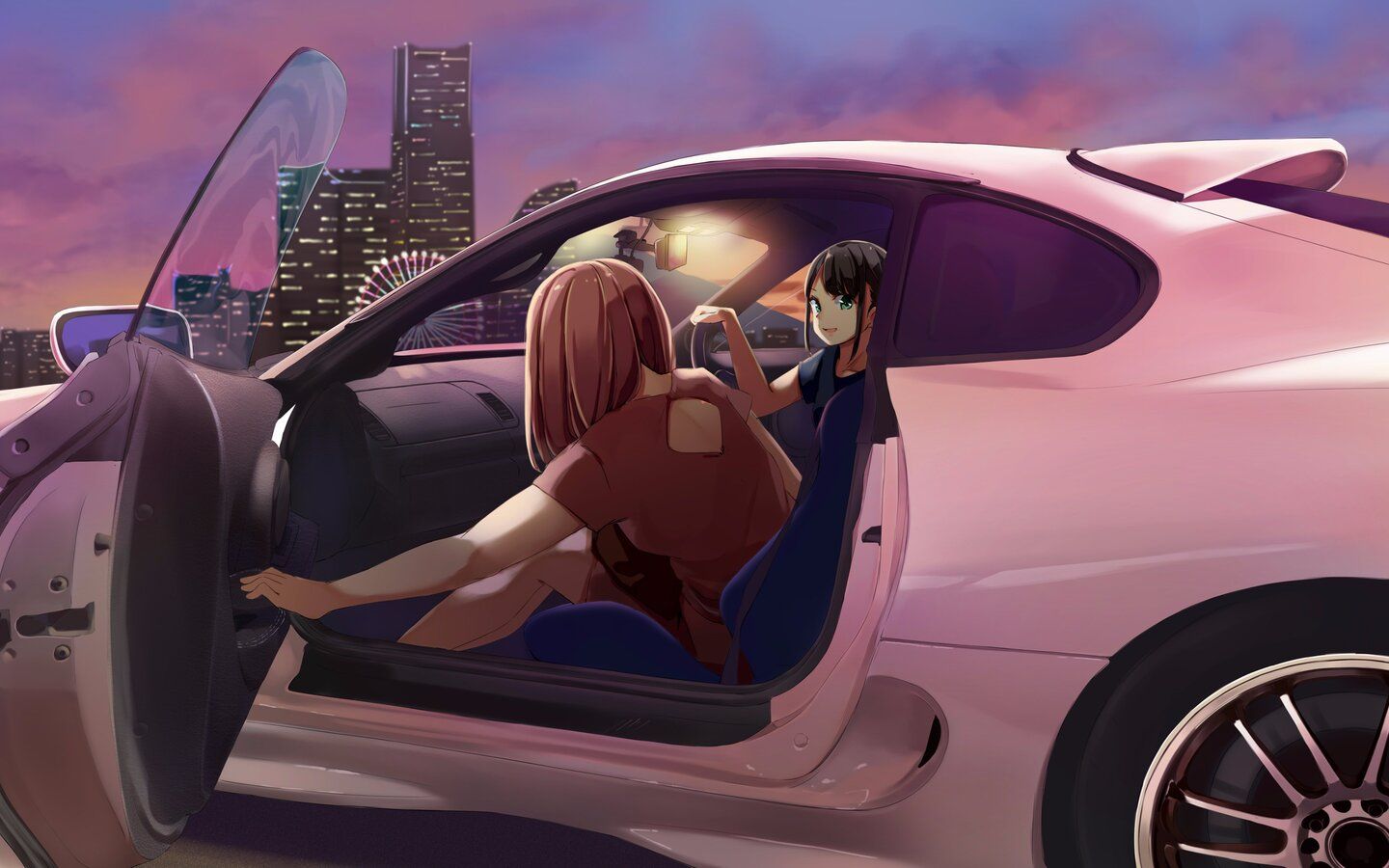 Girl sitting on car hood anime, anime girls, phone, night, Kantoku