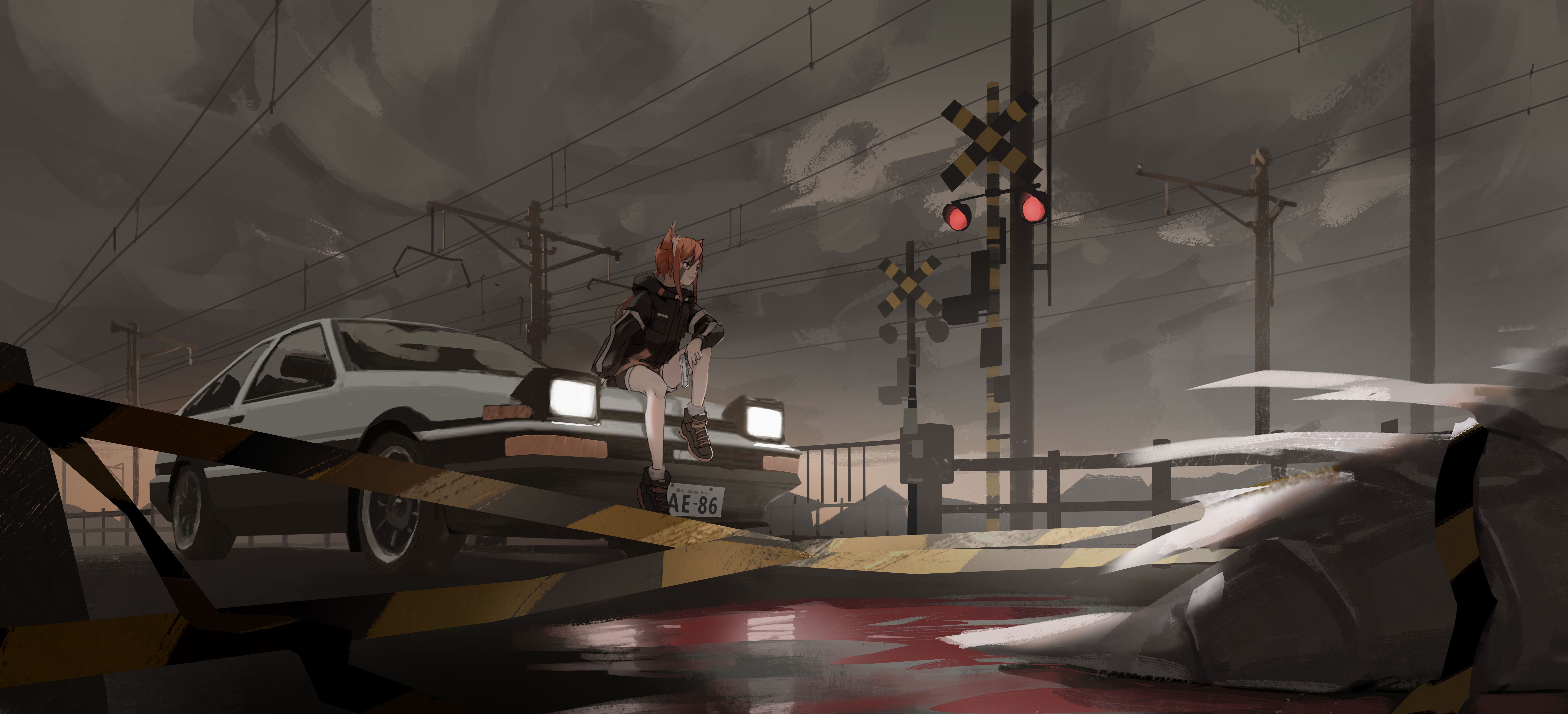 Wallpaper 4k Anime Girl On Train Track With Car