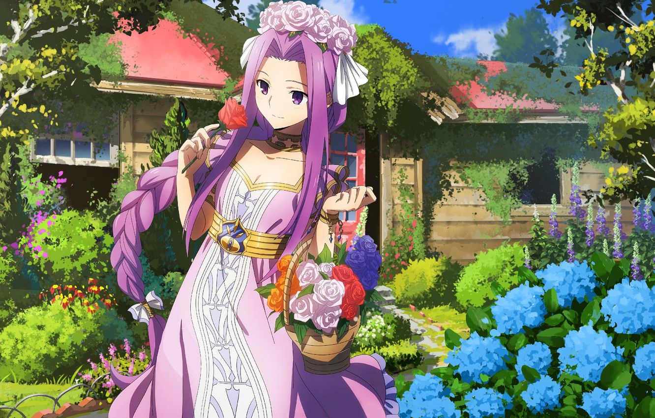 Wallpaper Girl, Anime, Flowers, Medusa, purple hair, Fate Series