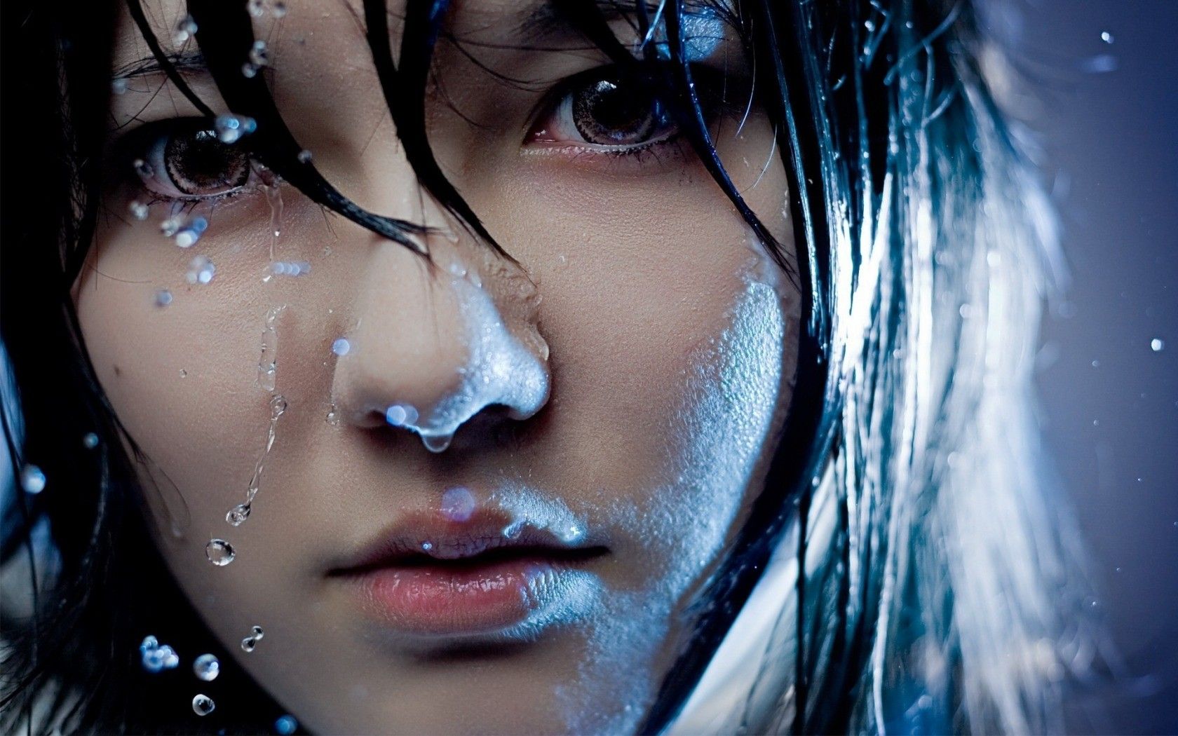 water drops women kristina kroete asian dark hair closeup japanese