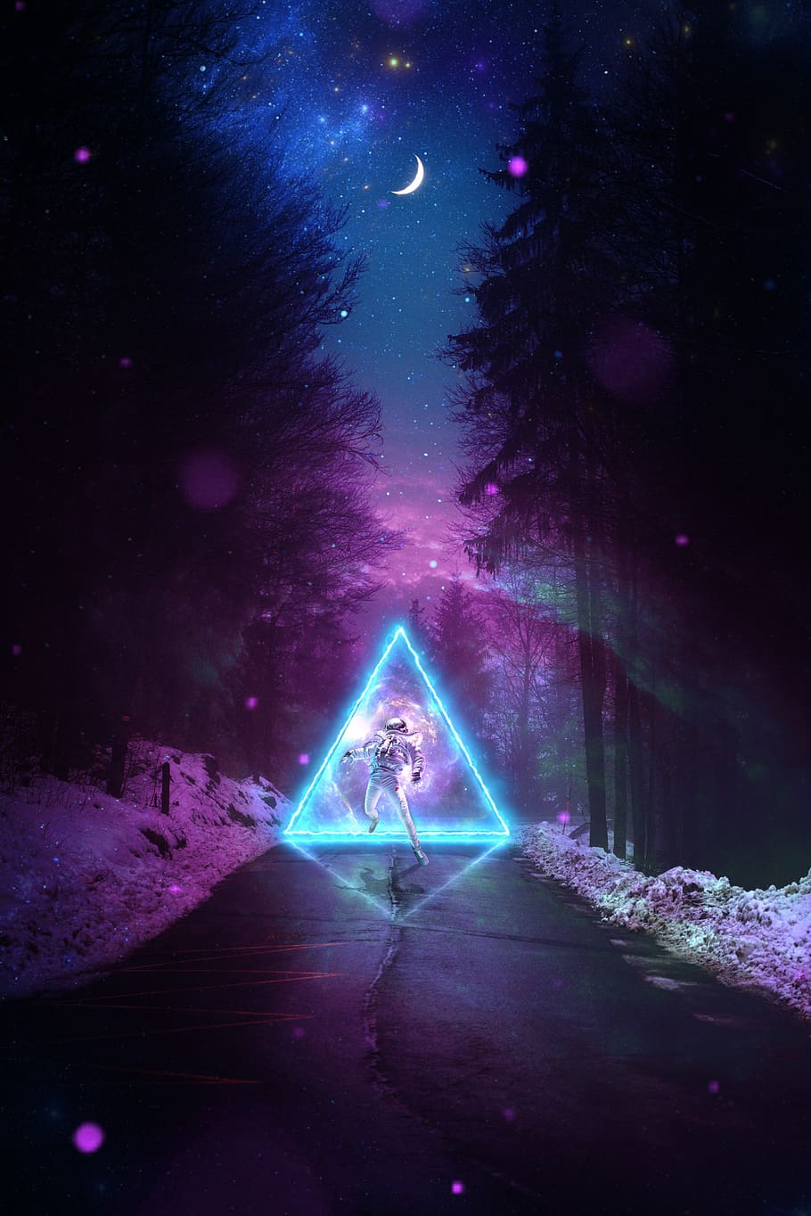 forest, road, park, moon, month, triangle, glow, neon, cosmonaut