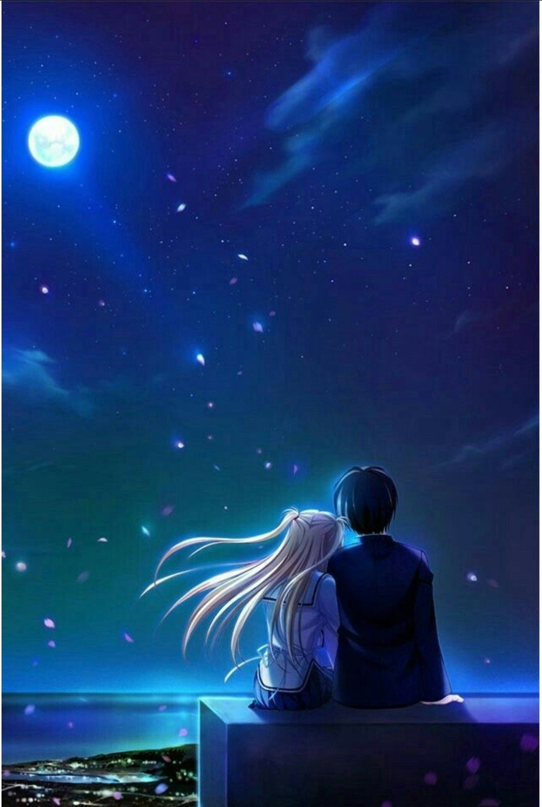 Download Anime Couple Kiss Under Starry Night Sky Wallpaper