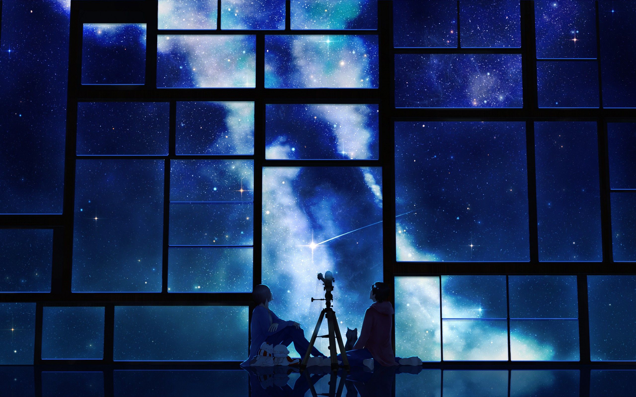 Telescope Night Anime Couple Watching Through Window Wallpaper