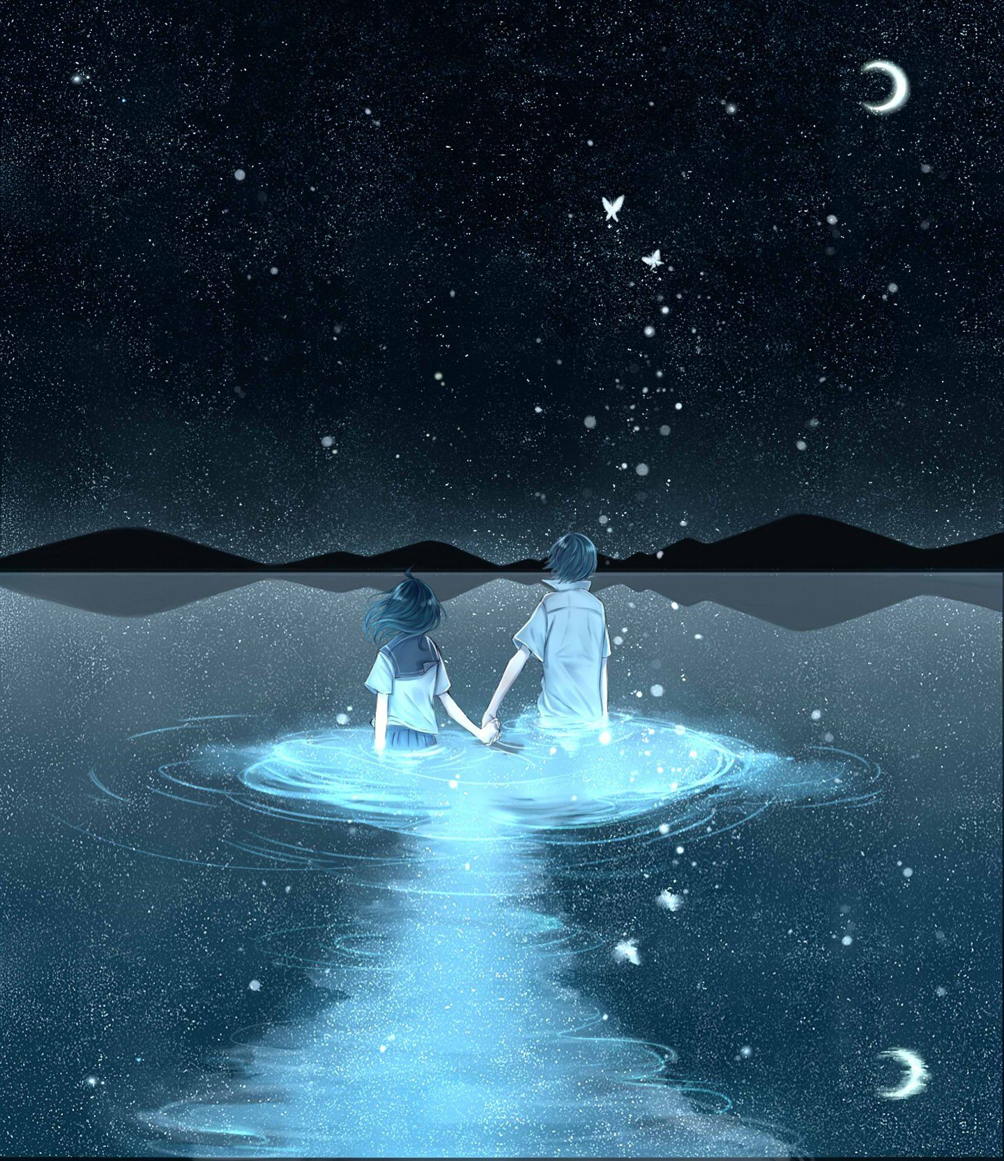 Anime lake sky couple stars wallpaperx1665