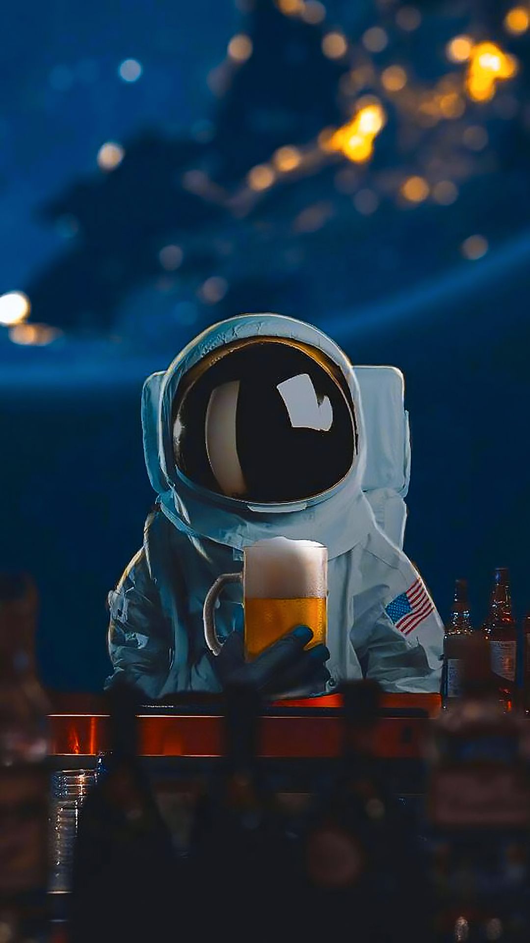Mysterious pilot drinking beer in outer space. Astronaut
