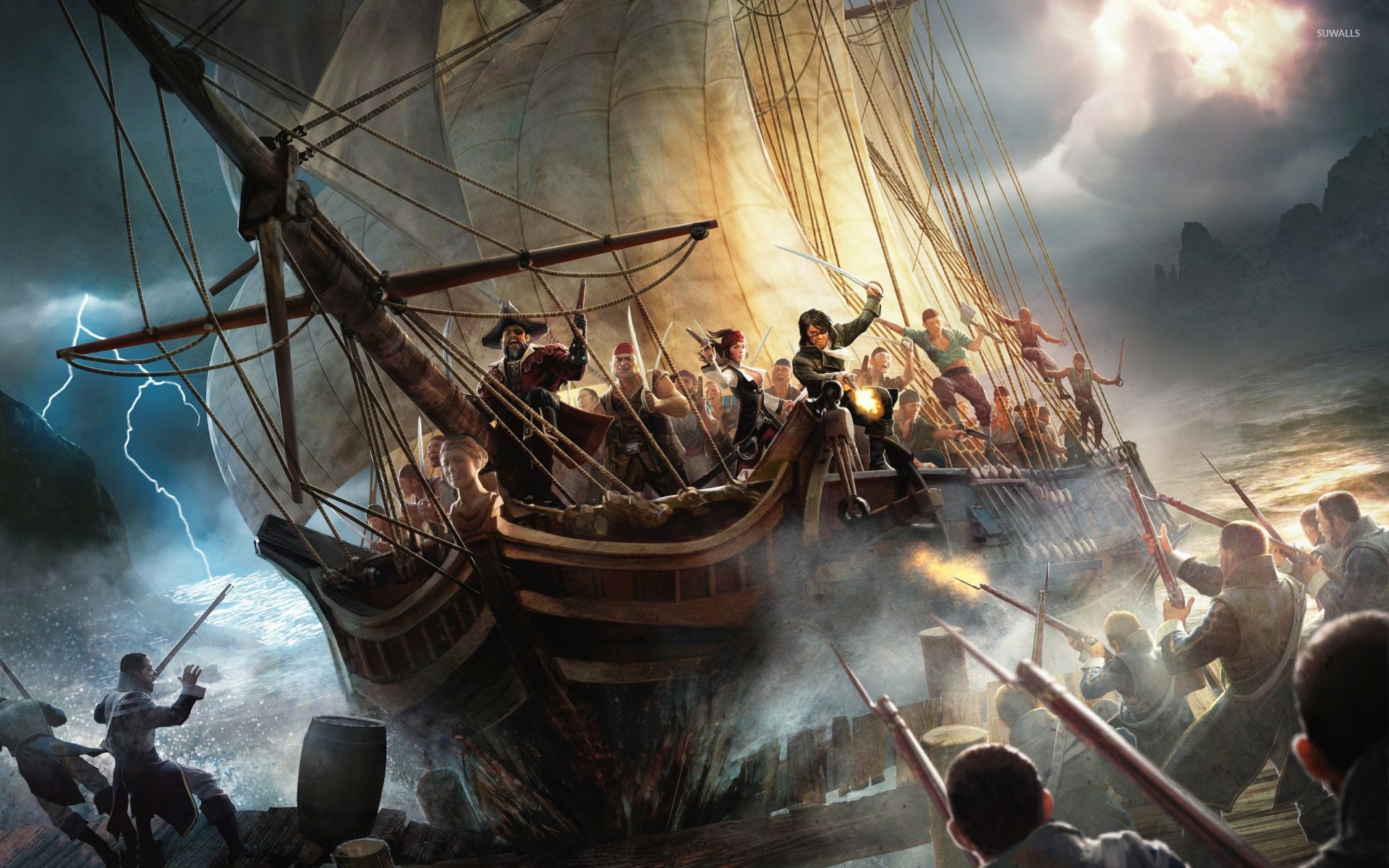 Pirate ship closing to the shore wallpaper wallpaper