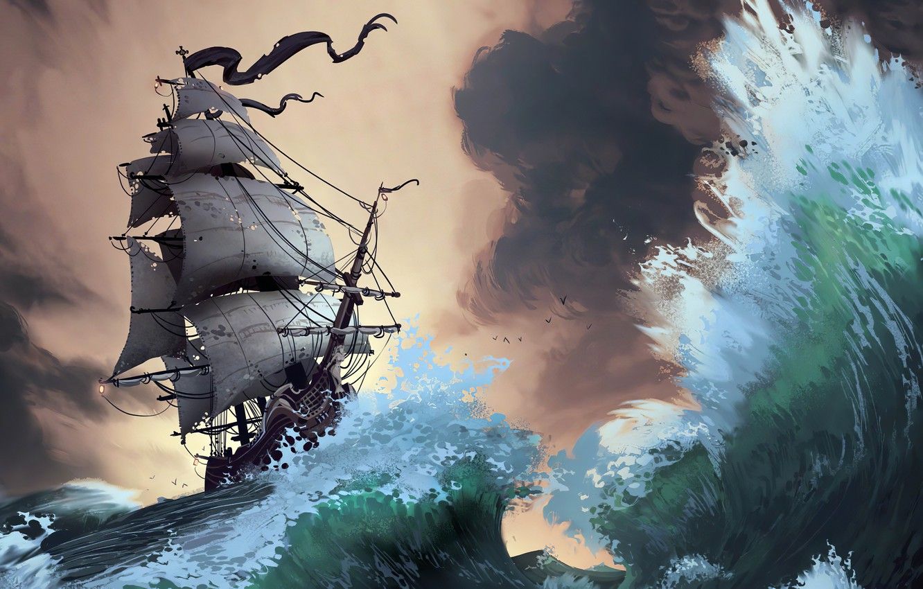Wallpaper waves, fantasy, storm, pirate ship, artist, ship