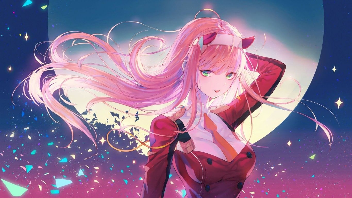 Download 1366x768 Darling In The Franxx, Zero Two, Pink Hair, Moon