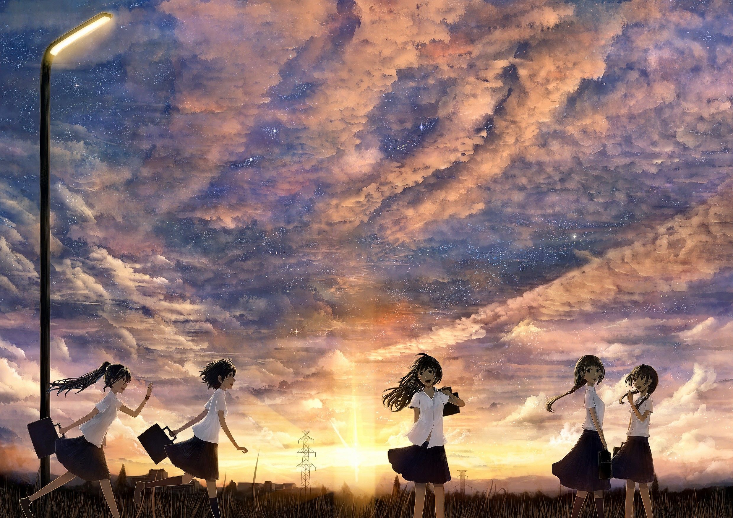 Sunset clouds landscapes uniforms stars school uniforms black eyes