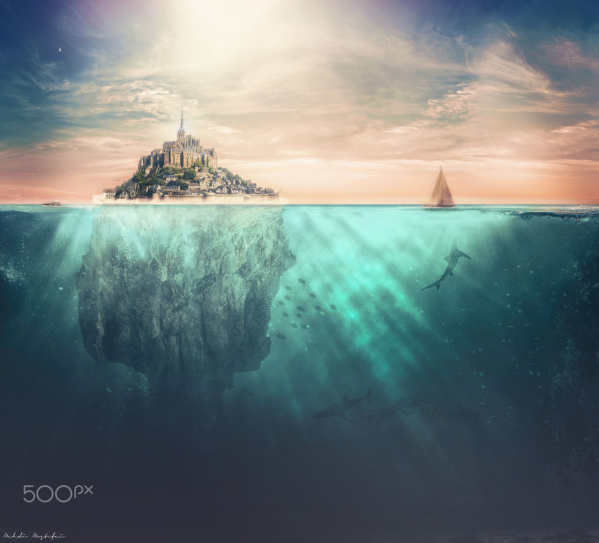 Mehdi Mostefaï, Digital art, Underwater, Sea, Mont Saint Michel Wallpaper HD / Desktop and Mobile Background