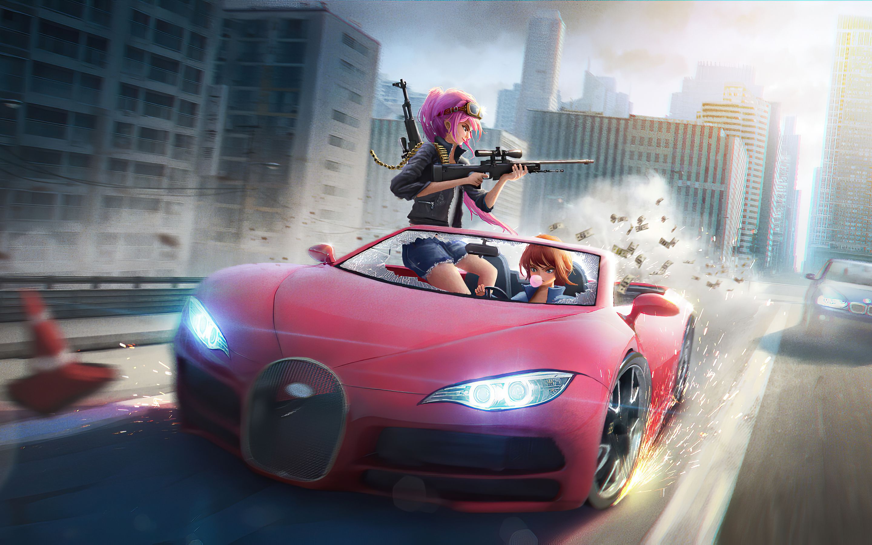 Anime Girls Car Chase 4k Macbook Pro Retina HD 4k Wallpaper, Image, Background, Photo and Picture
