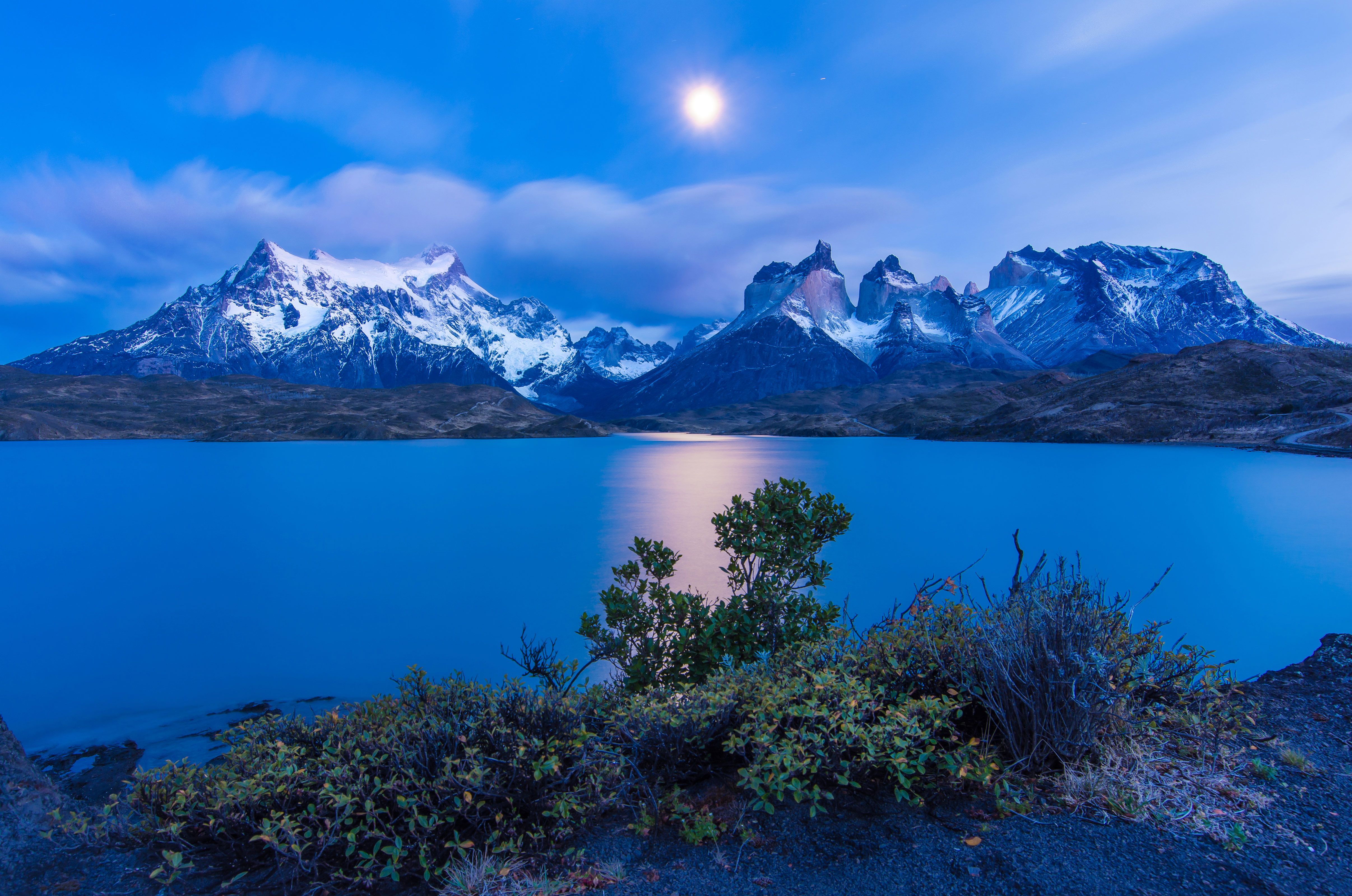 Chile Earth Lake Landscape Moon Night Twilight, HD Nature, 4k