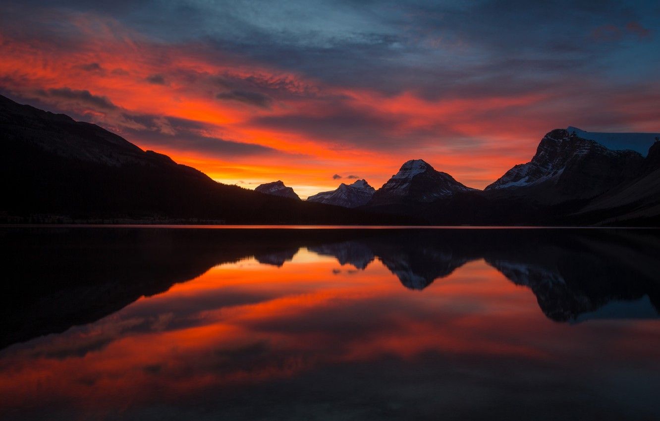 Wallpaper twilight, mountains, lake, evening, dusk, reflection