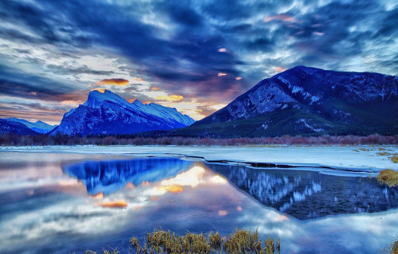 Wallpaper winter, mountains, lake, Canada, Albert, twilight