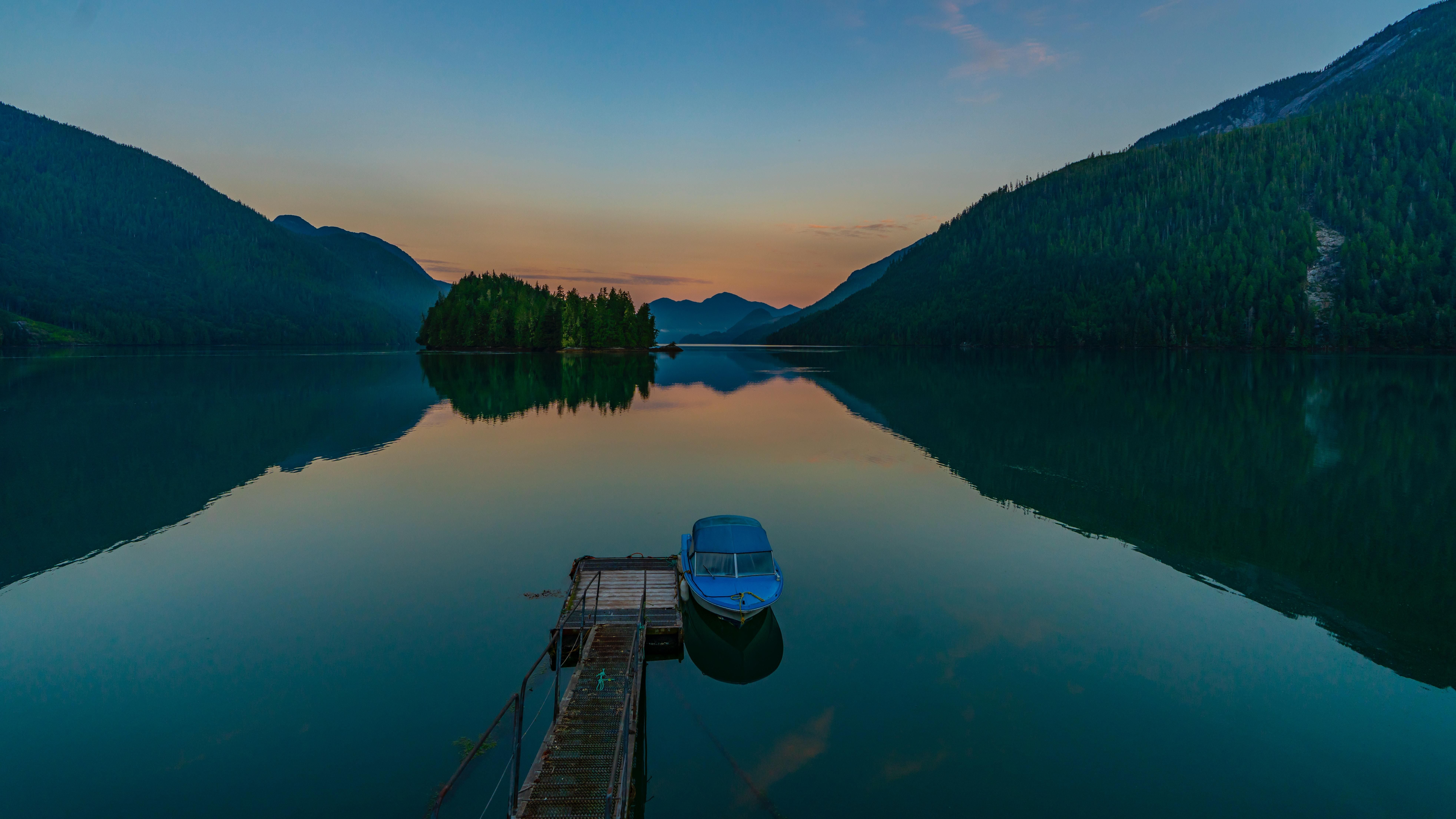 wallpaper pier, boat, lake, mountains, twilight HD, Widescreen