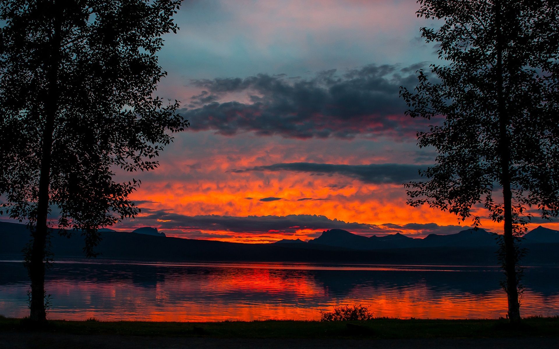 Wallpaper Dusk landscape, lake, trees, mountains, sunset, twilight