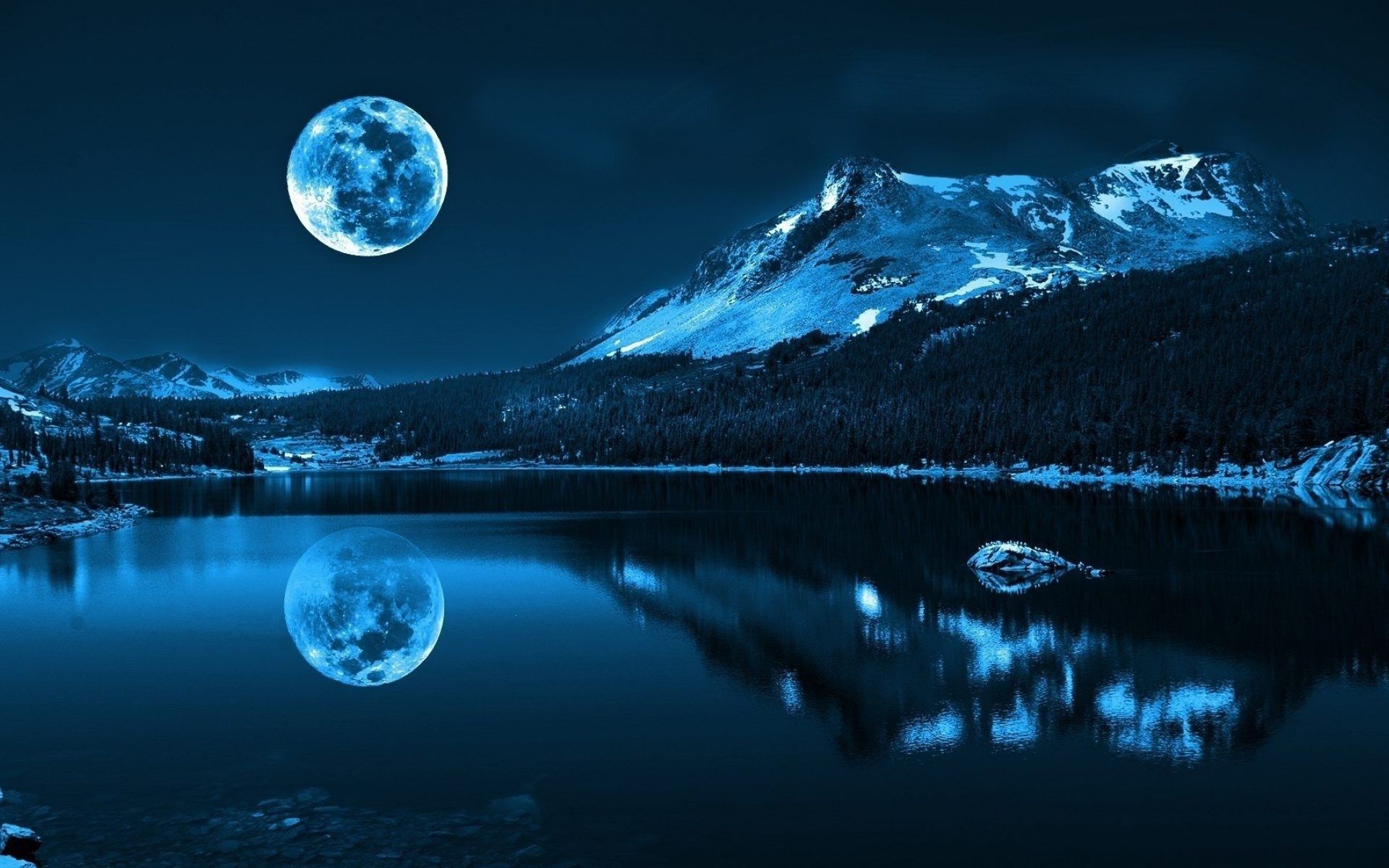 Moon over mountain lake