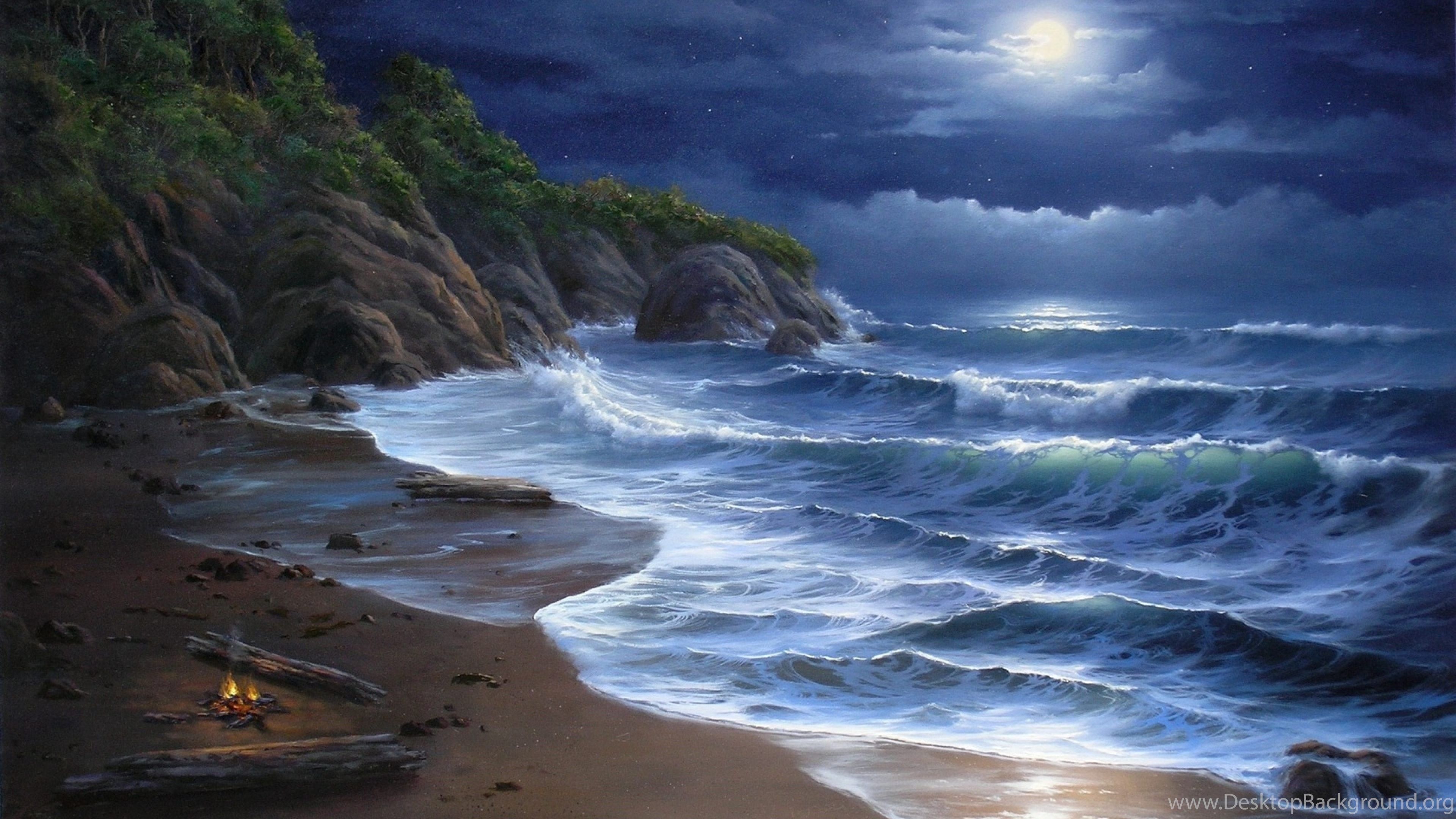Moon Night Sea Waves Beach Wallpaper HD Wallpaper & 4K