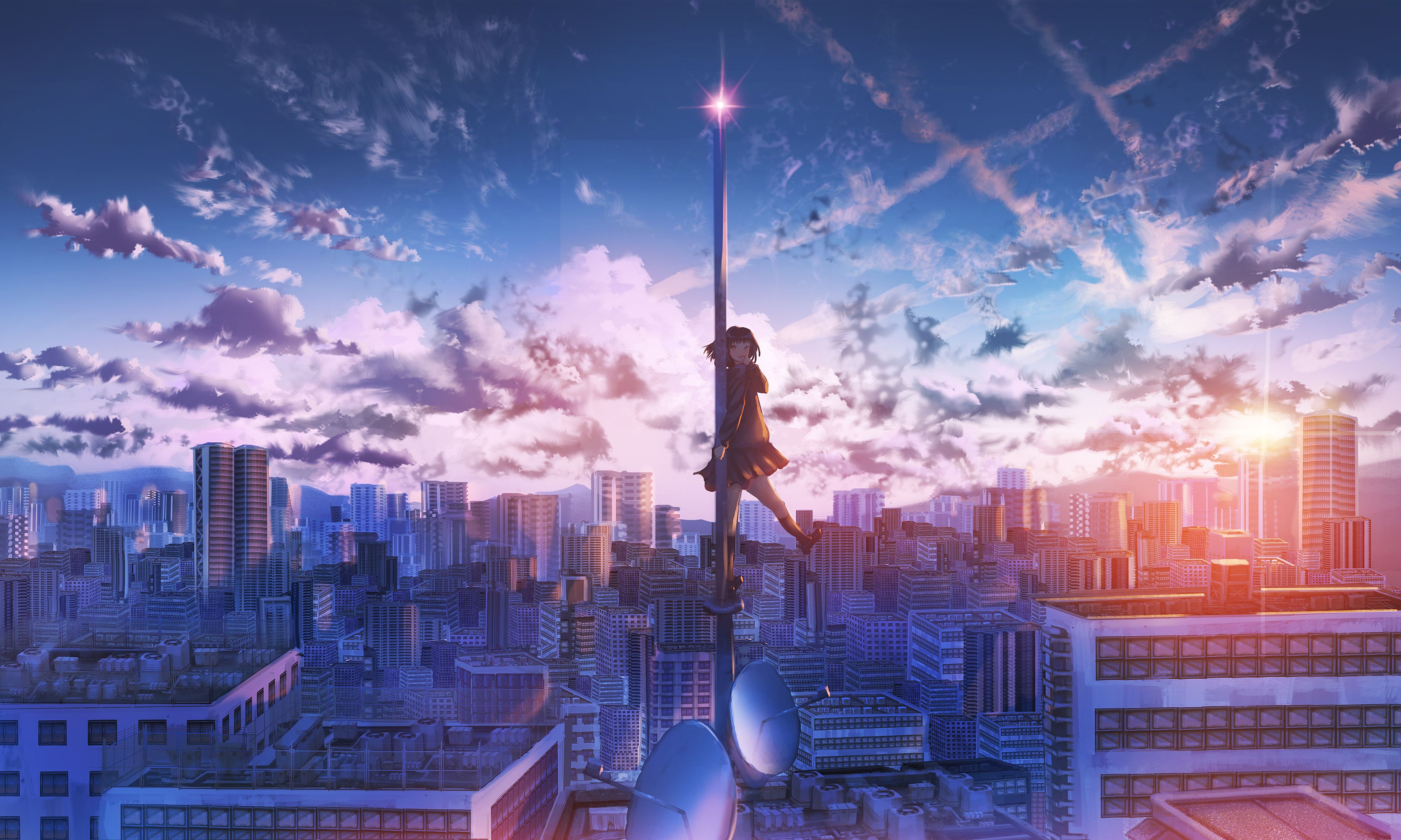 Anime Girl City Building Height 4k, HD Anime, 4k Wallpaper