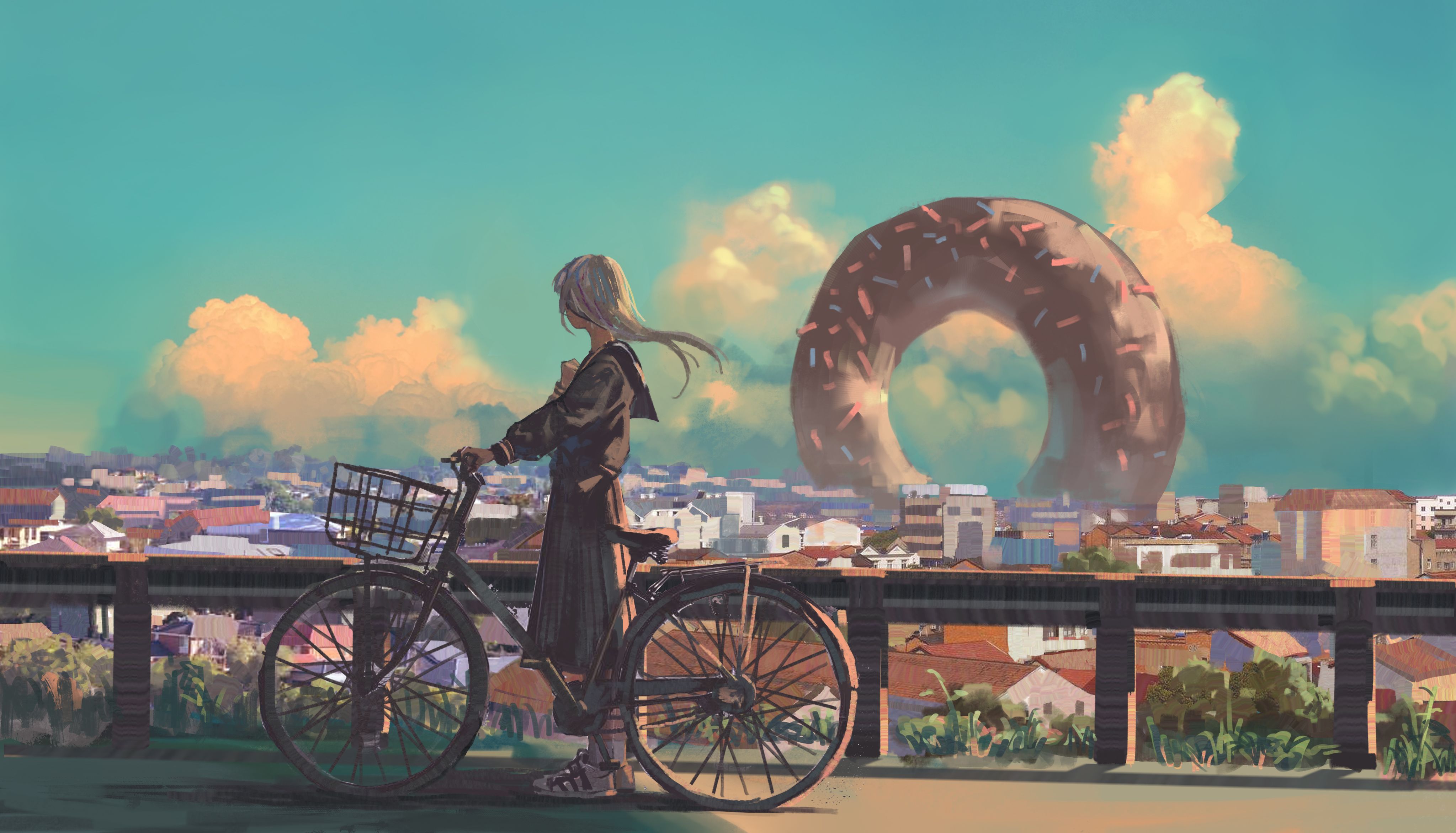 Anime Original Bike City Long Hair Artwork, HD Anime, 4k