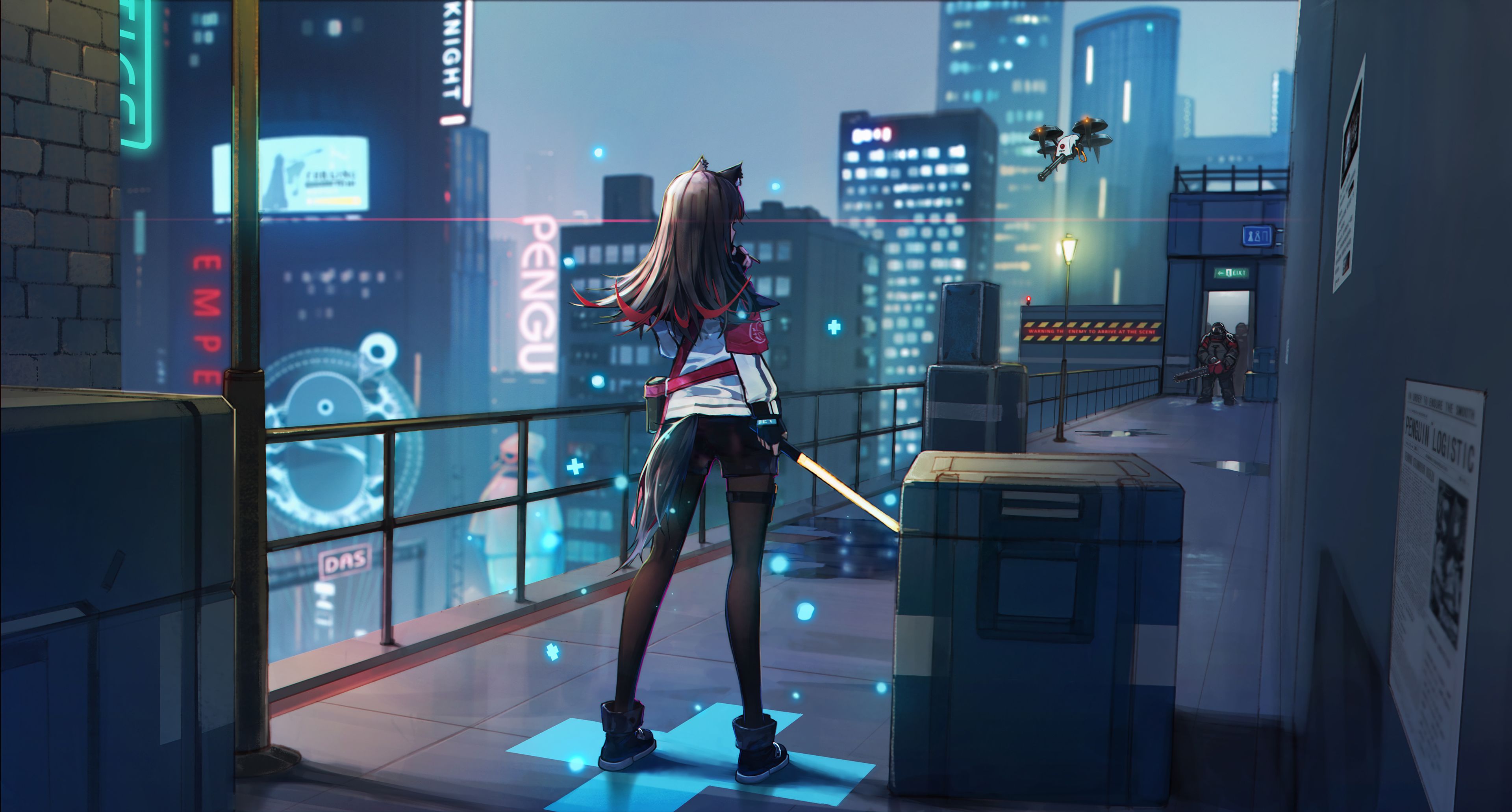Wallpaper 4k Anime Girl Scifi City Roof With Weapon