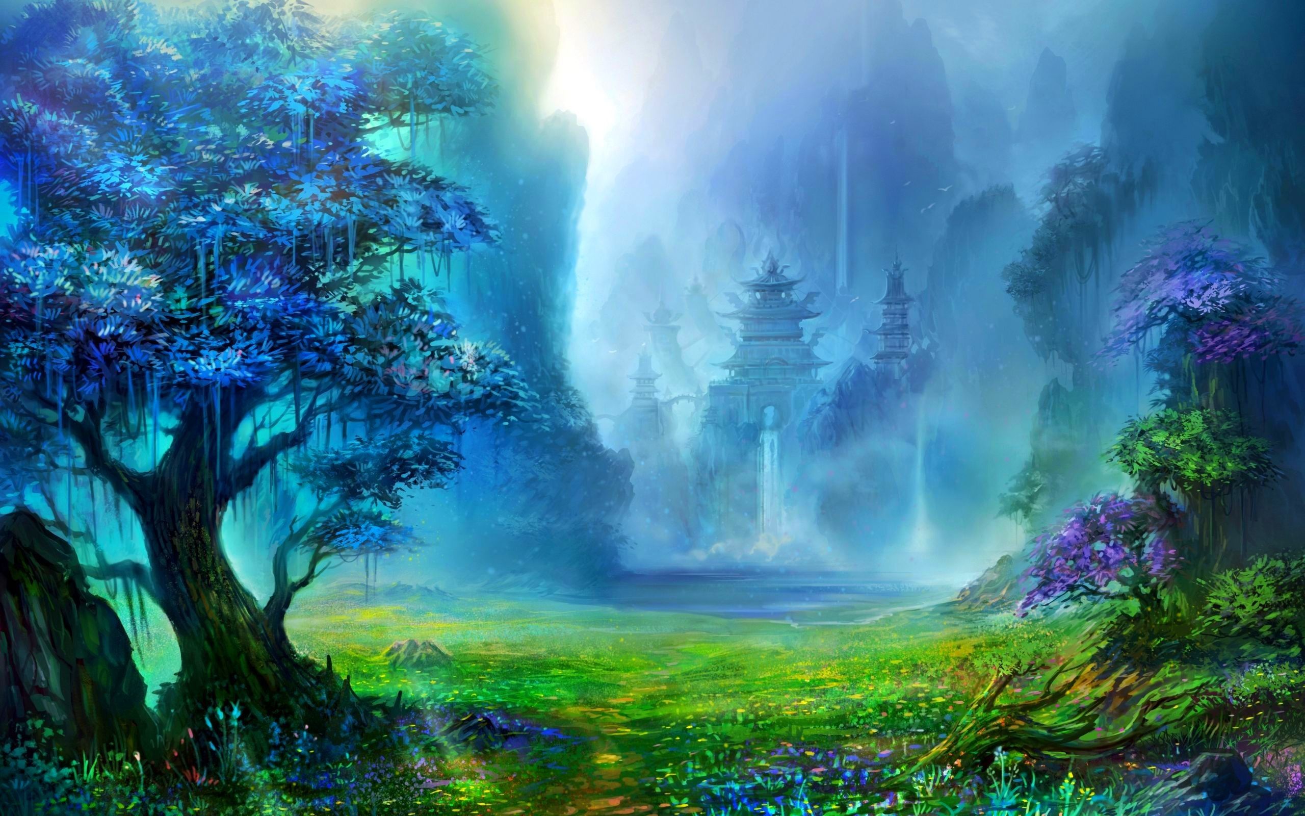 fantasy art, pagoda, Asian architecture, trees, waterfall, artwork